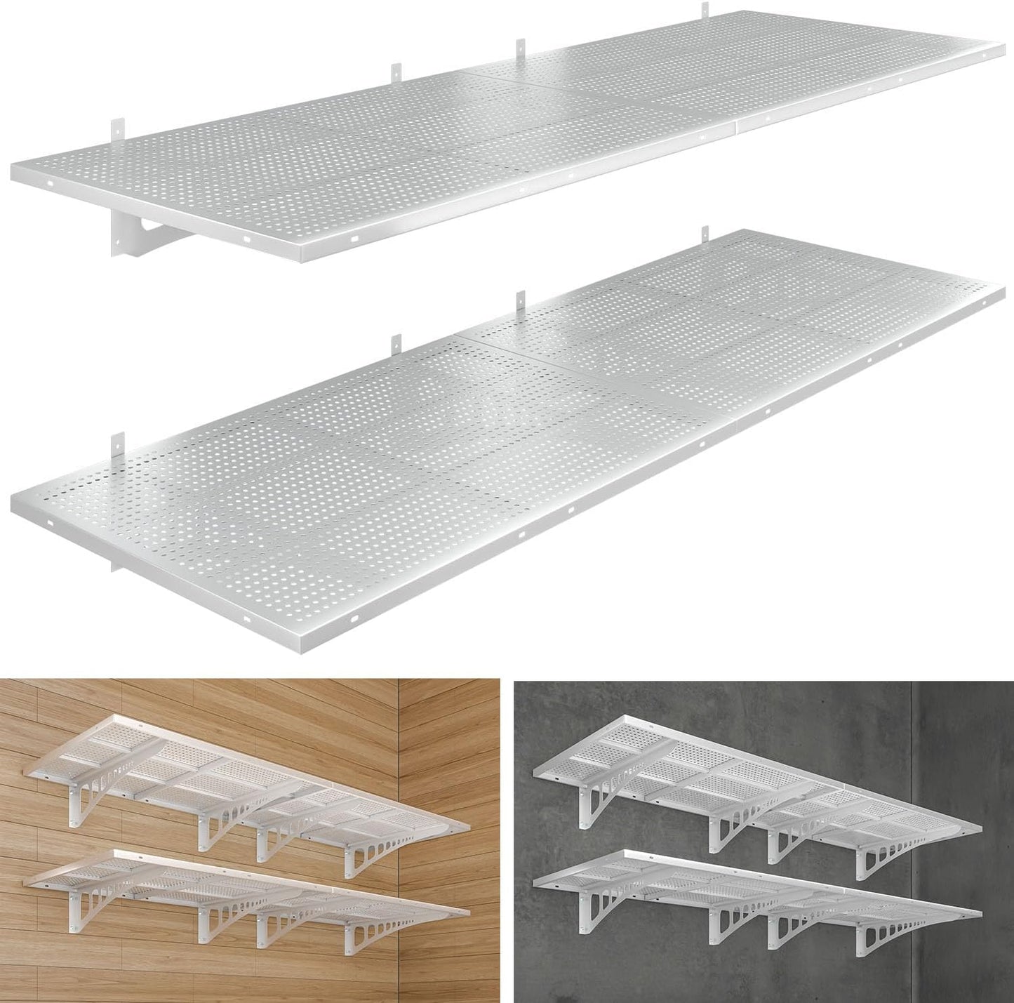 4-Pack 2x3ft Heavy Duty Garag e Wall Shelving, 1000 lbs Load Capacity, Garage Shelving Wall Mounted, Garage Storage Rack with Hooks, White