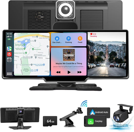 Wireless Carplay Screen for Car, 10.26" HD Touchscreen with 4K Dash Cam Portable Carplay & Android Auto Car Stereo with Backup Camera, GPS Navigation Mirror Link, Bluetooth, FM, Siri