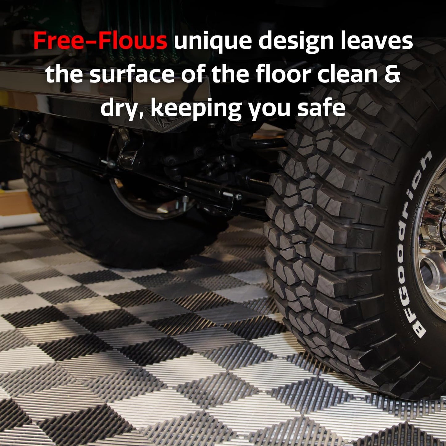 Big Floors RaceDeck Free-Flow Interlocking Garage Flooring Tiles, Non-Slip, Self-Draining, Heavy-Duty, High-Impact Copolymer, Easy Install (Black, 12 Pack of 12 x 12" Tiles)