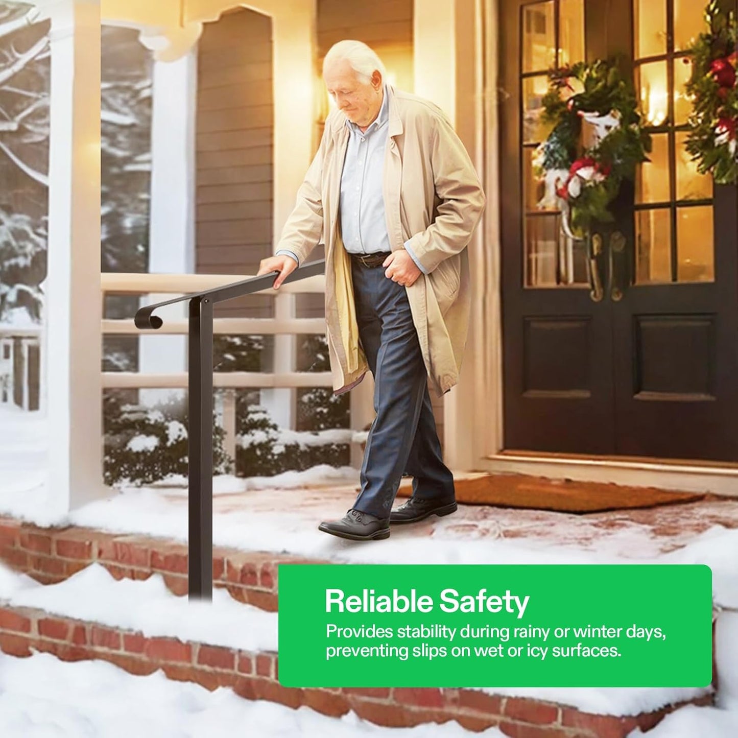 VIVOSUN Outdoor Handrail, 2 Step Stair Handrail, 31.5" x 39" Fits 1 to 2 Steps, Wrought Mattle Iron Stair Railing with Single Curved End for Concrete Steps, Porch Steps, One-Step Assembly, Black