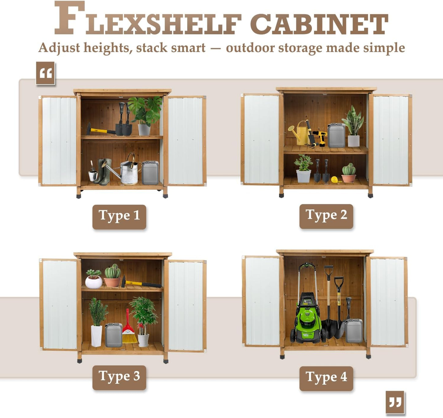 Outdoor Storage Cabinet Waterproof with Shelves, Storage Box with Lockable Doors, Wood & Metal Patio Yard Pool Garden Storage Cabinet Organizer, Gifts for Women Men