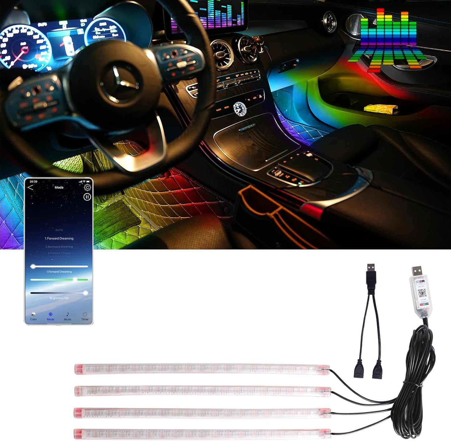 Upgrade Smart USB Dream Color Interior Car LED Strip Light with App Control, RGB Multi Color USB 5V Neon Atmosphere Ambient Night Strip Light Decorative Lamp for Cars with Music and DIY Mode(D72LEDs)