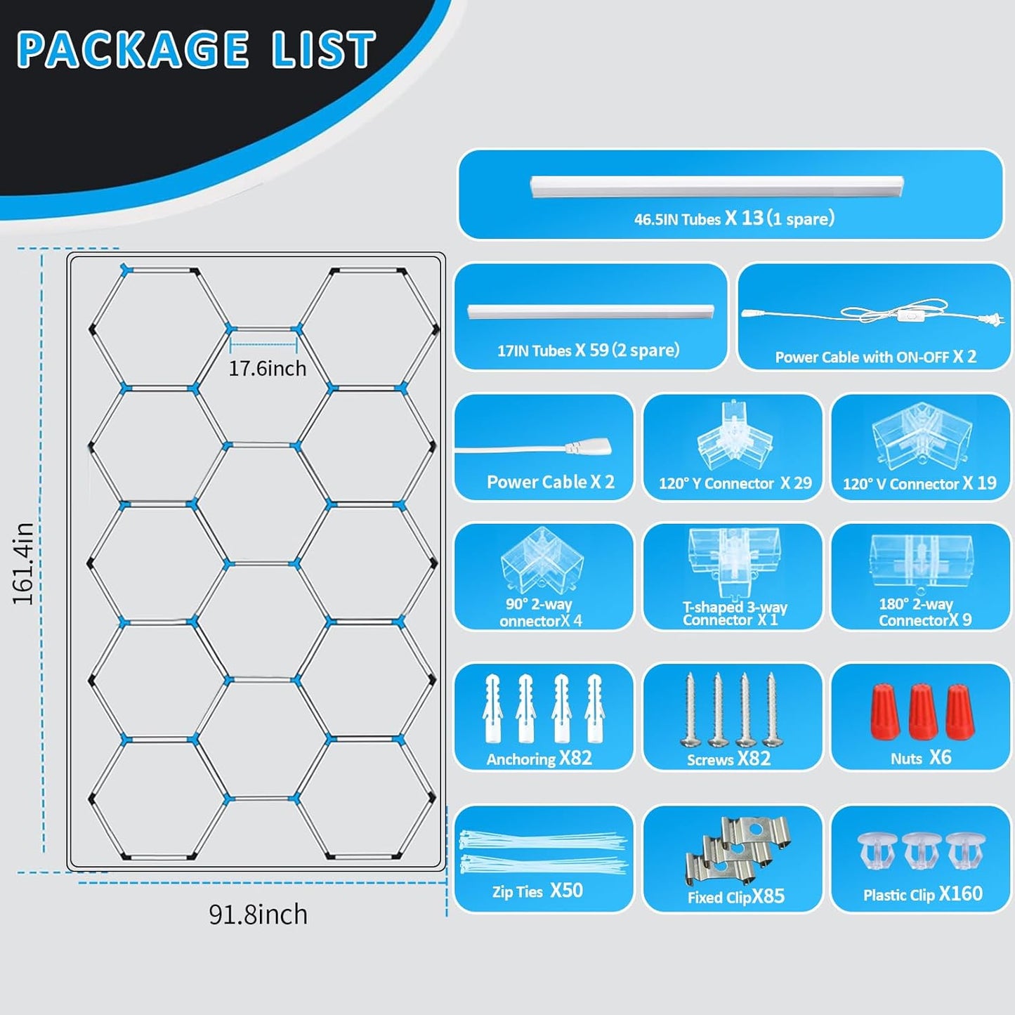 tewei Hexagon LED Garage Lights with Rectangle Frame, 900W 90000LM 6500K, Ultra-Bright Hexagon LED Shop Lights for Garage, 14 Grids Hex Ceiling Light for Workshop, Warehouse, Gym, Car Detailing Shop
