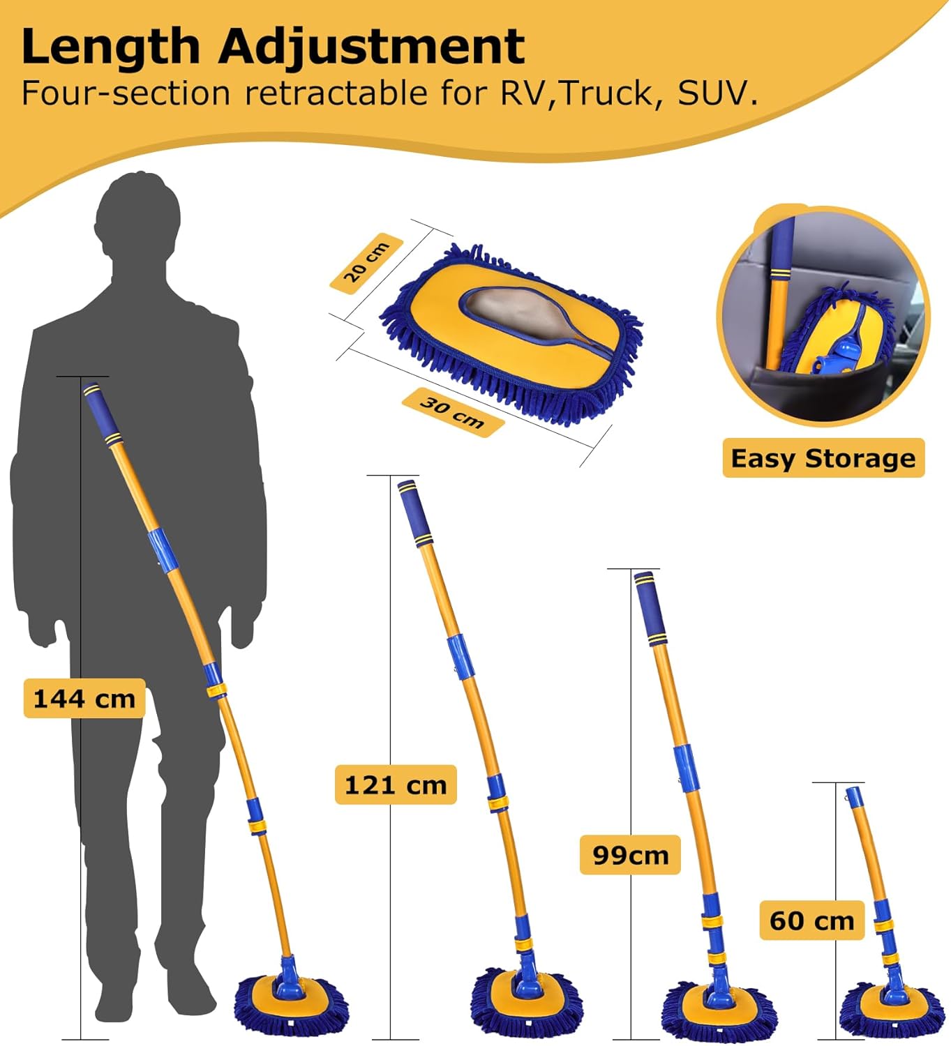 anngrowy 56.7" Car Wash Brush Mop Kit Mitt Sponge with Long Handle Car Cleaning Supplies Kit Tools Car Washing Duster Exterior Scratch Free, Chenille Replacement Head Extension Pole