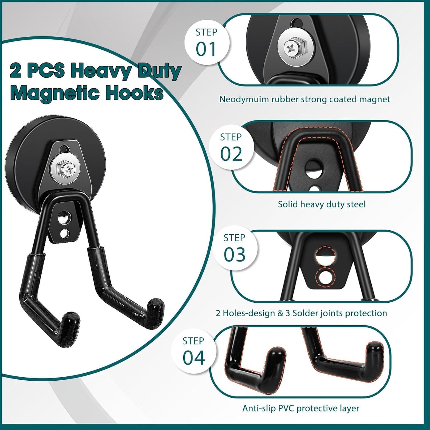 2 Pcs Storage Utility Magnets Hanging Hook with Anti-Slip Coating,Heavy Duty Strong Magnetic Garage Hooks, Magnetic Wreath Hanger for Metal Door Cabinet Pegboard Shelve Garden Tools(Black)