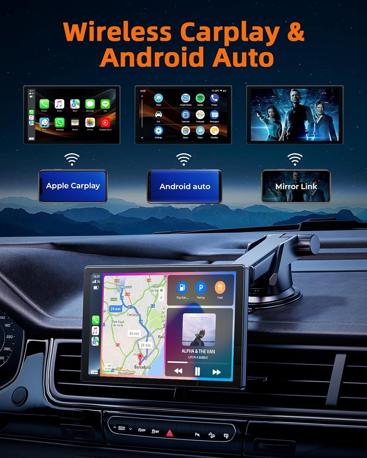 Portable Wireless Carplay Screen for Car with 2.5K Dash Cam,9 Inches Android Auto Screen with 1080p Backup Camera,GPS Navigation,Bluetooth,Airplay,Voice Control