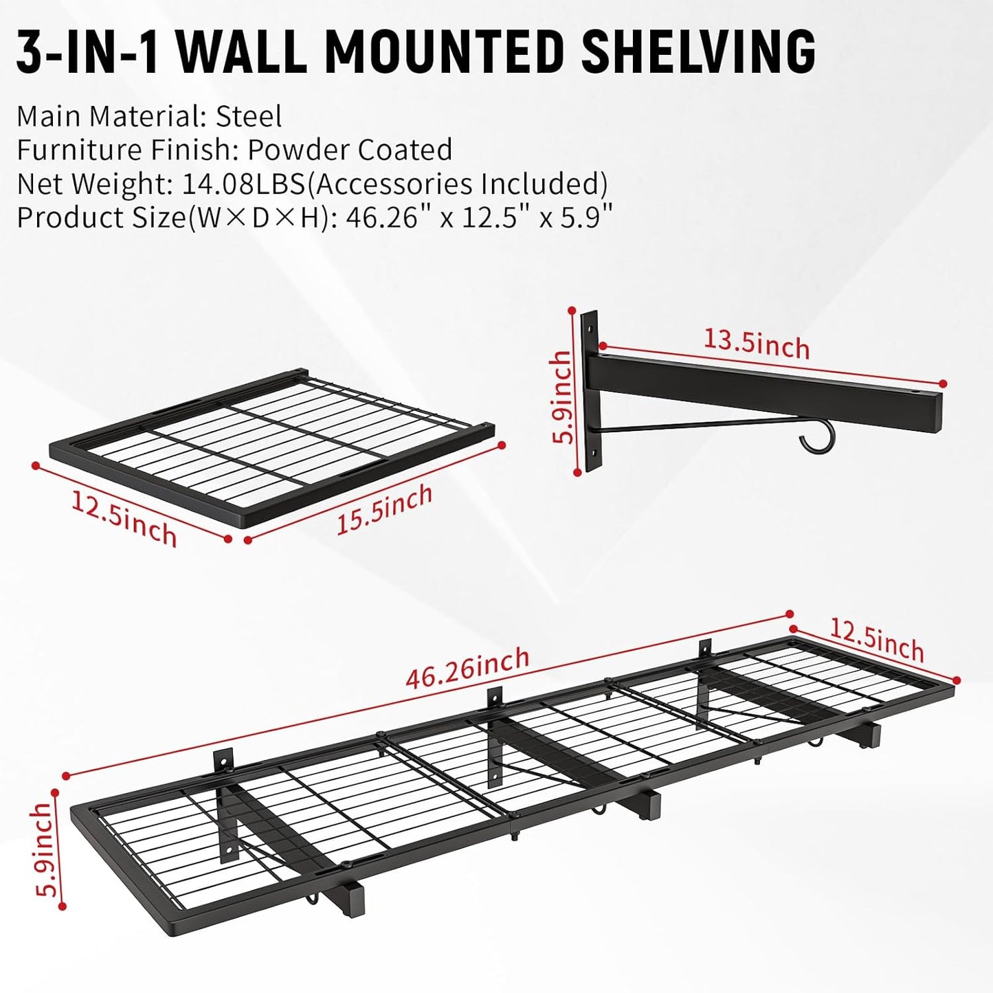 2 Pack Garage Wall Shelves, 46"X 12.5" Garage Shelving Wall Mounted, Heavy Duty Wall Shelf Organizer with 8 Hooks, Black Floating Storage Metal Rack 320 LBS Capacity for Laundry Room, Office, Basement