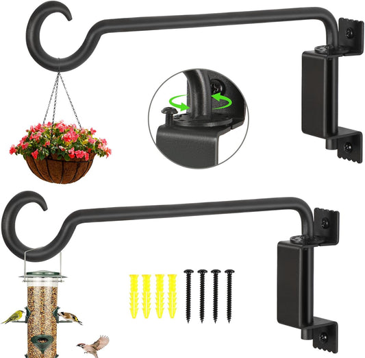 12 Inch Outdoor Hanging Brackets - 360° Swivel Plant Hanger with 12-Directional Adjustable Hook, Rust Resistant Solid Steel Wall Mount for Bird Feeders, Indoor/Outdoor Plants, Garden & Patio, 2-Pack