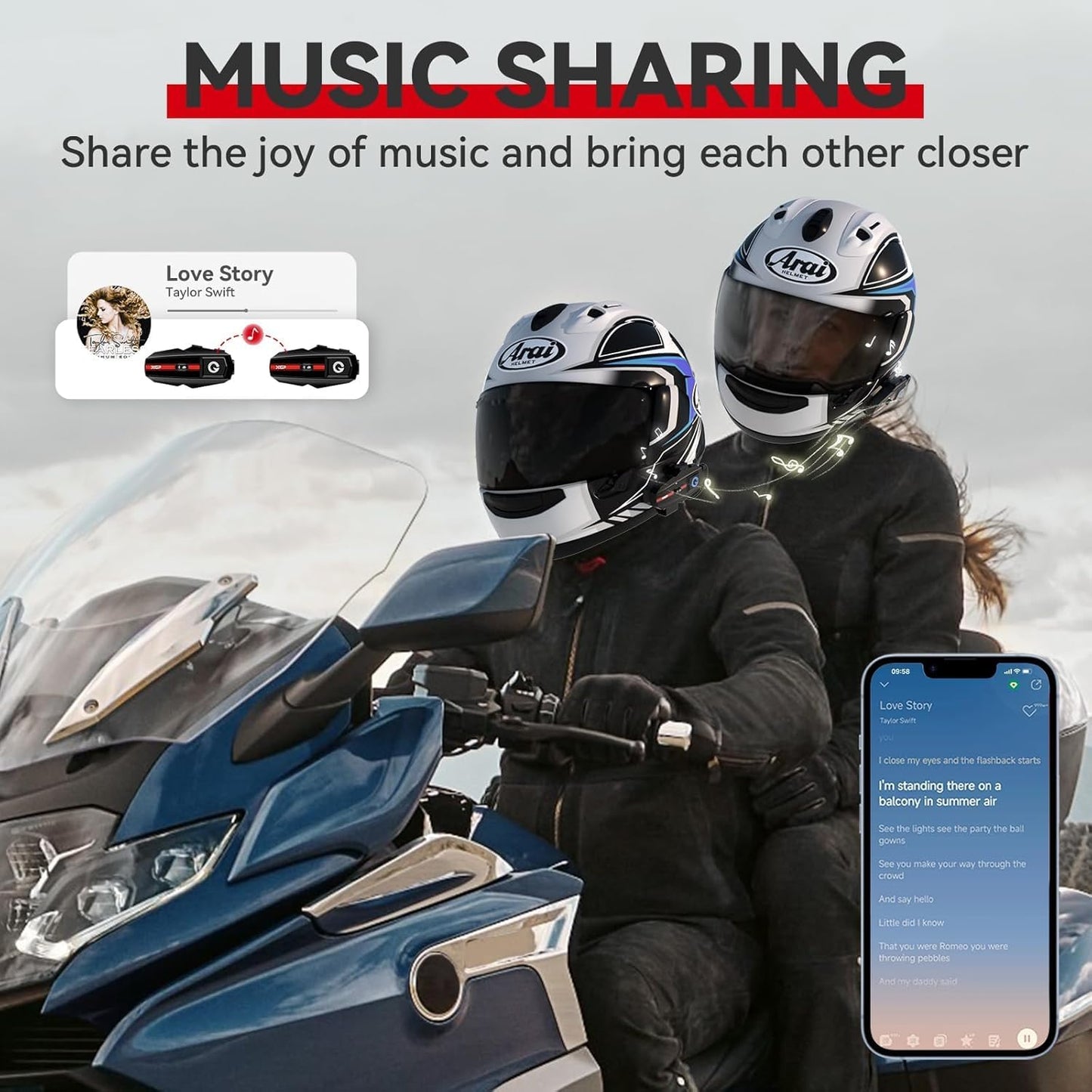 Motorcycle Bluetooth Headset V5.2 with Music Sharing, 2-Way Motorcycle Helmet Bluetooth with IP67 Waterproof, Helmet Intercom Communication Systems for Snowmobile/ATV/Ski, 1 Pack