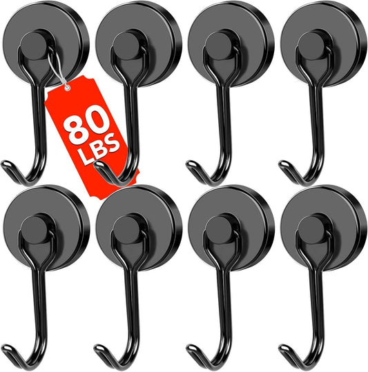 DIYMAG Black Magnetic Hooks, 80LBS Strong Magnetics Hooks Heavy Duty, Magnet Hooks with Metal Hanger for Hanging Refrigerator Home Kitchen Office, 8Pack