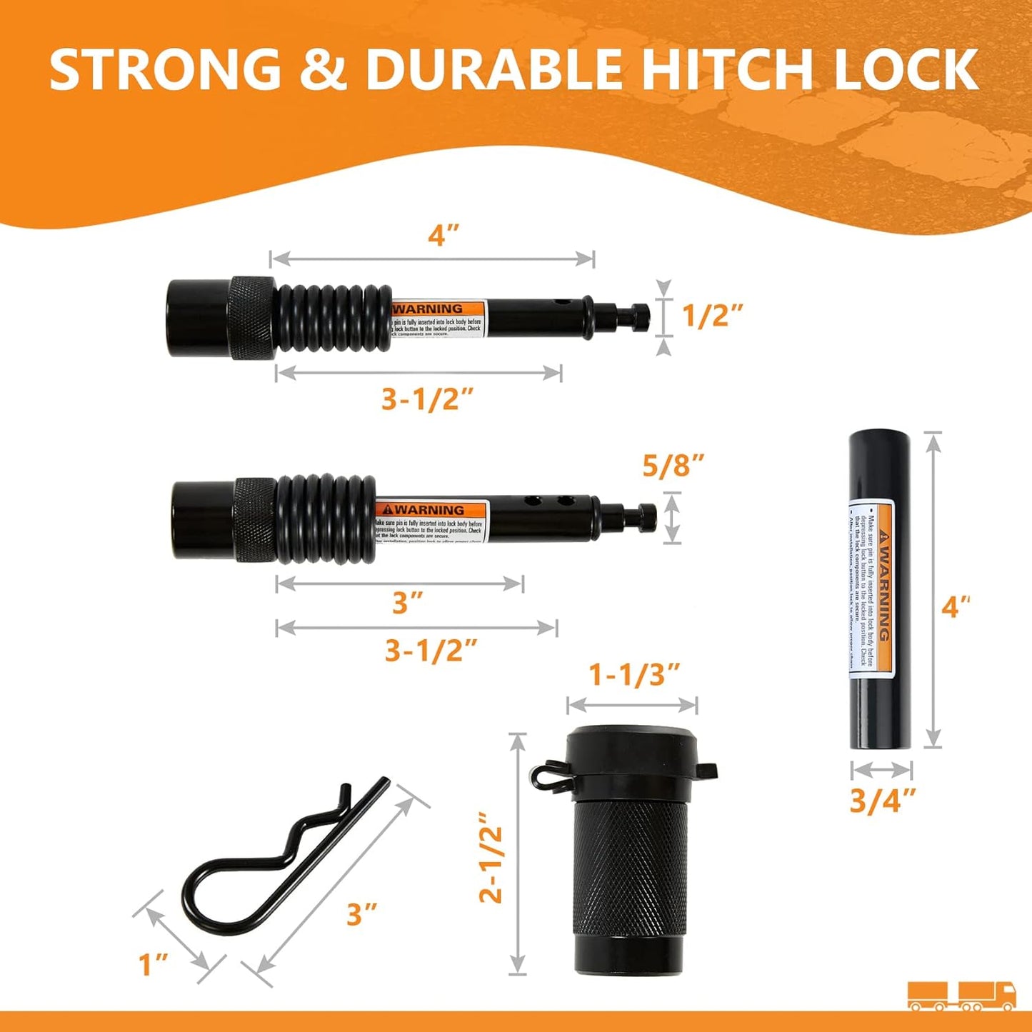 Trailer Hitch Pin Lock Set 1/2 Inch and 5/8 Inch with 2 Locking System, 4" Long Span with Extra 3/4" Dia Adaptor Locking Hitch Pin and Anti-Rattle O-Rings for Class I-V Hitches