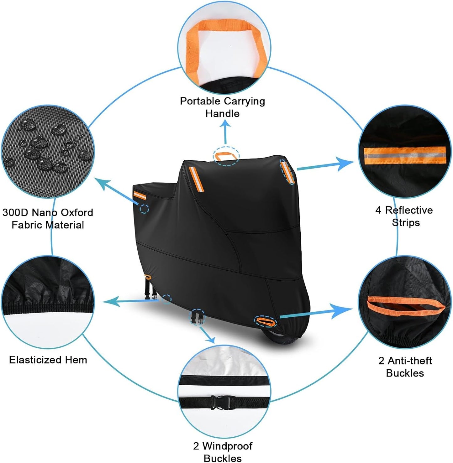 Waterproof Motorcycle Cover Outdoor, Motorbike Scooter Moped Rain Dust Protection Cover with 4 Reflective Strips and 2 Windproof Buckles, 2 Lock-Holes for Scooter Moped (4XL: 116 x 37 x 55 inch)