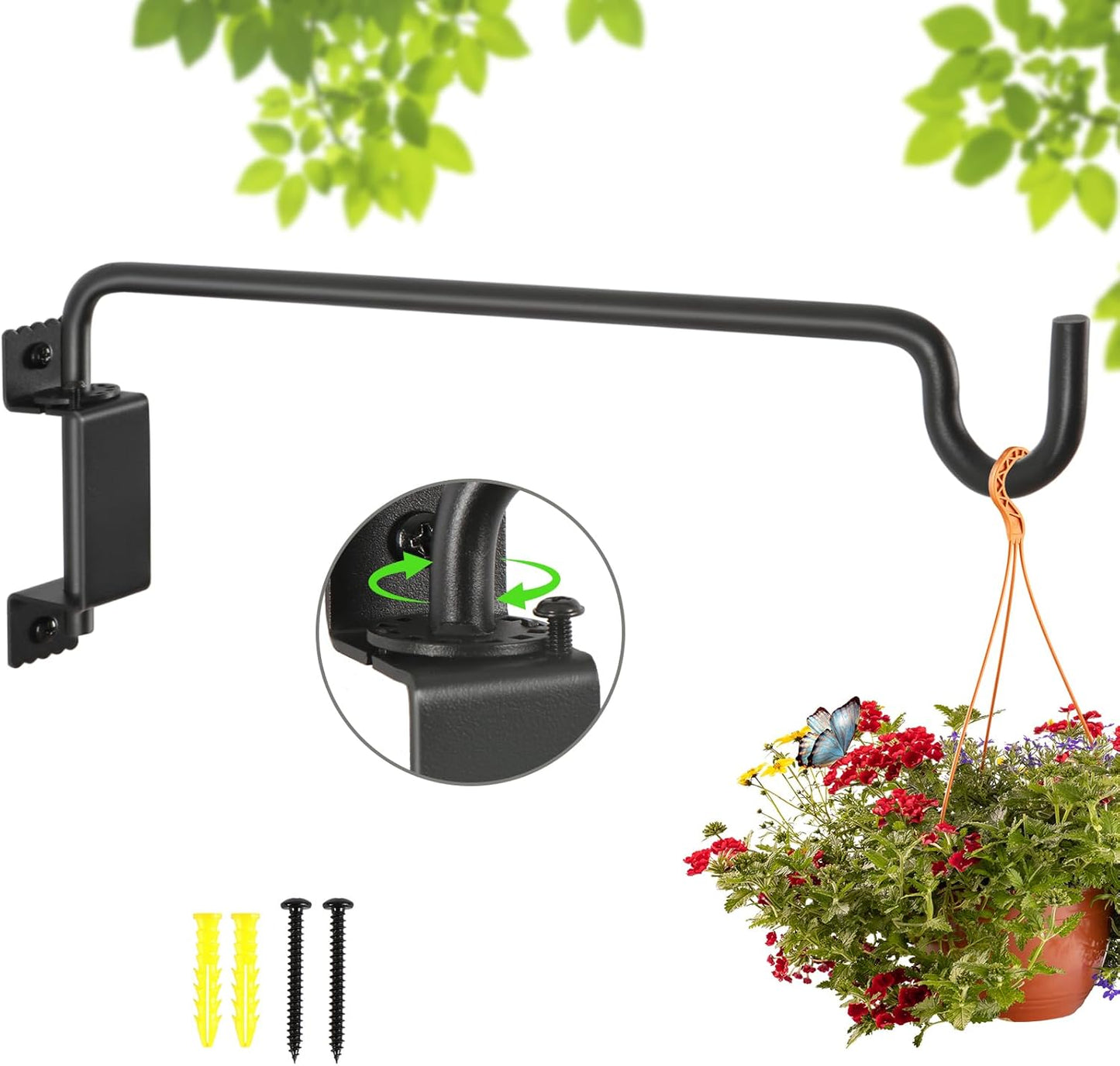 16"Swivel Plant Hanger - 360° Outdoor Hanging Brackets with 12-Directional Adjustable Hook, Rust Resistant Solid Steel Wall Mount for Bird Feeders, Indoor/Outdoor Plants, Garden & Patio
