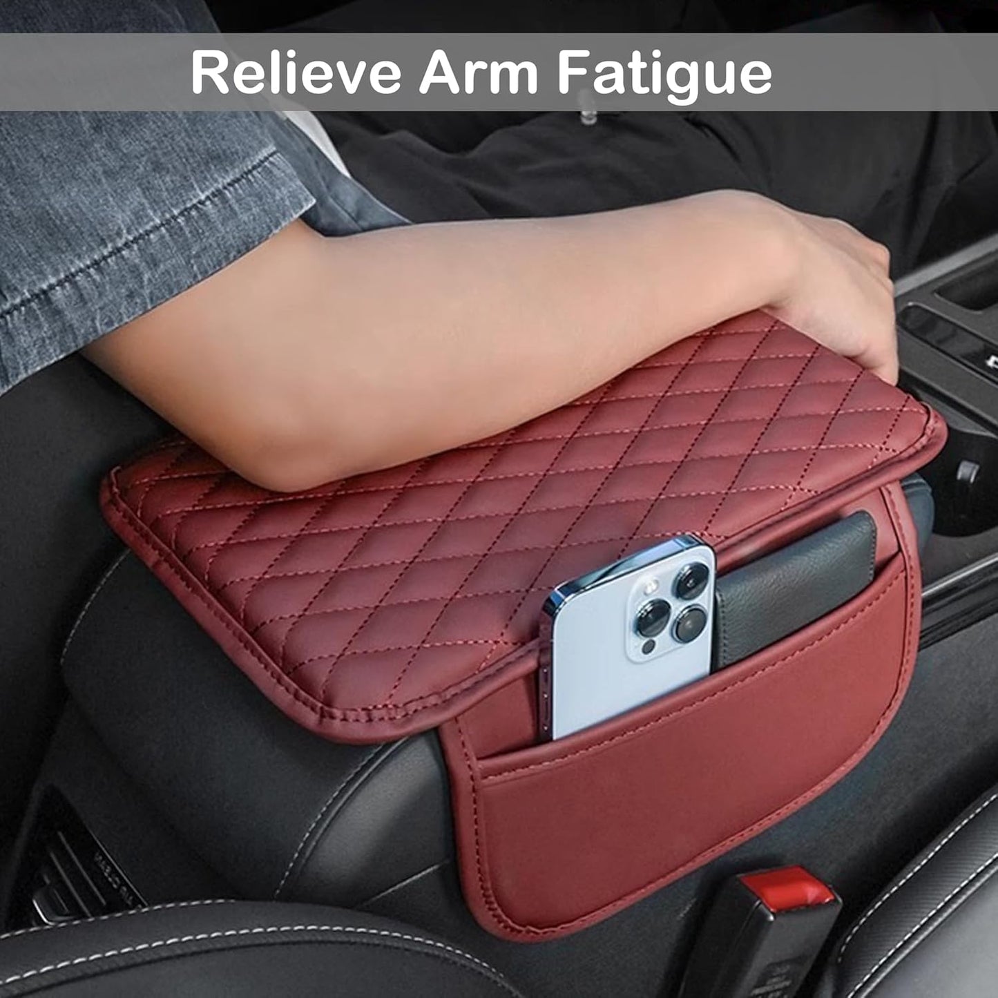 Car Center Console Cover, Upgraded Leather Armrest Seat Box Cover with 2 Storage Bags, Universal Waterproof Car Armrest Cover Cushion Comfortable Car Decor Accessories for Most Vehicles (Red)