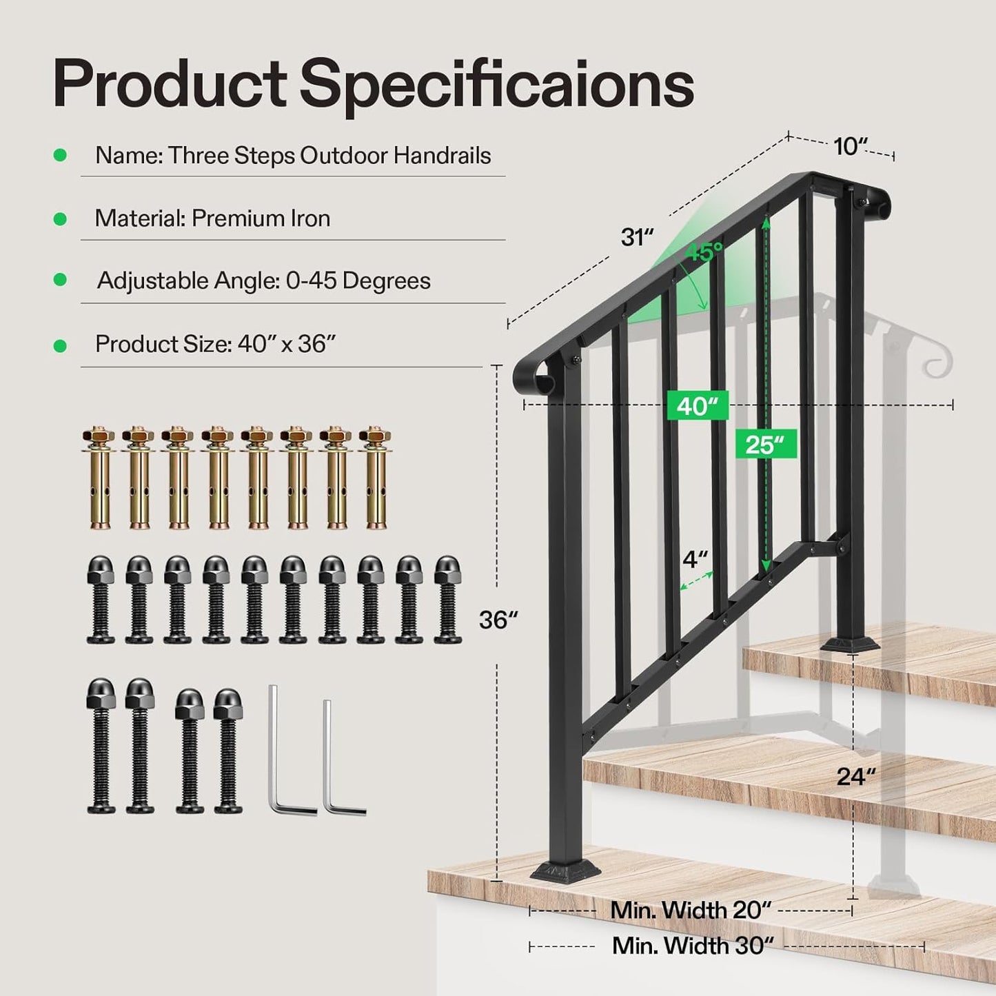 VIVOSUN Outdoor Handrail, 3 Step Stair Handrail, 40" x 36" Fits 1 to 3 Steps, Wrought Mattle Iron Stair Railing with Curved End and Balusters for Concrete Step, Porch Steps, One-Step Assembly, Black
