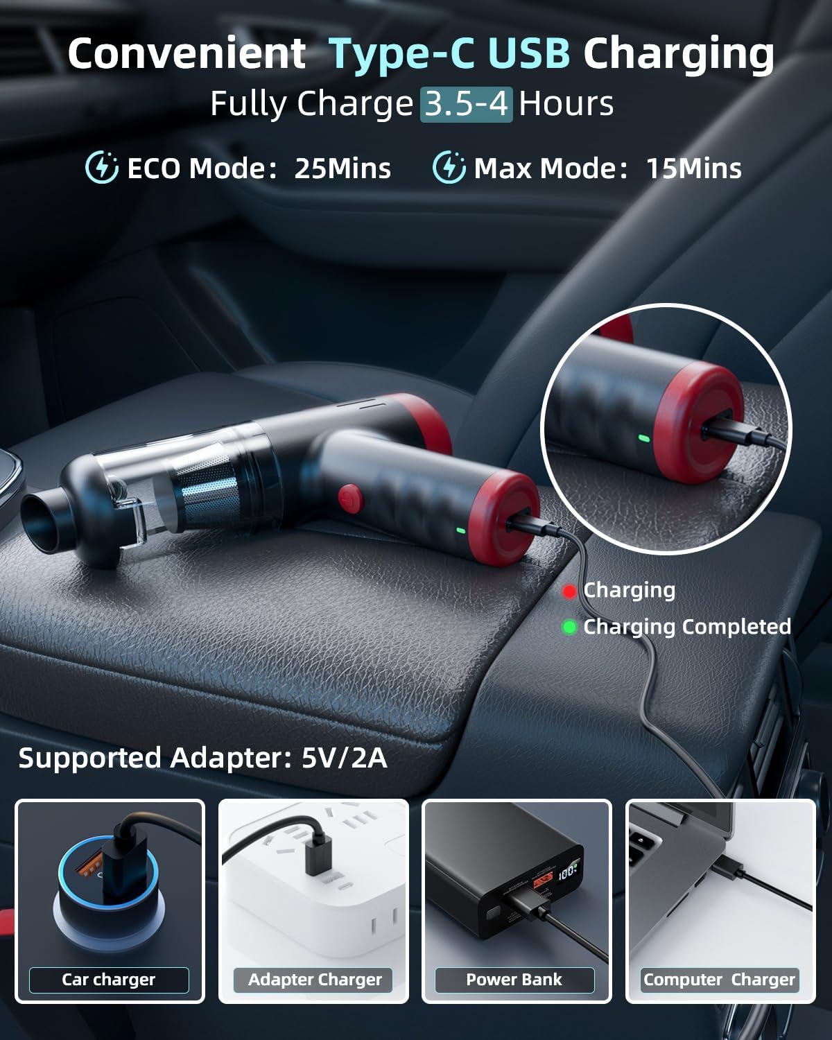 2-in-1 Car Vacuum&Air Duster,80W/16kpa/12KRPM/30 Mins,High Powerful Dust Cleaner Portable Cordless Vacuum Pro,Compressed Air Blower,Lightweight Rechargeable Handheld Mini Vacuum for Car/Home/Office