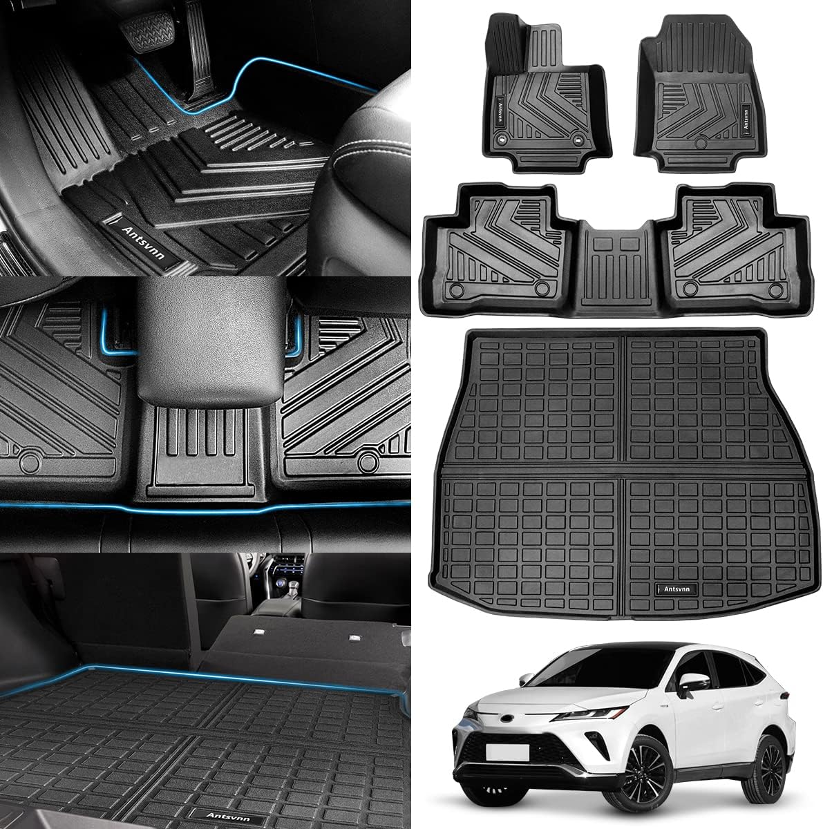 All -Weather Floor Mats Fit for Toyota Venza 2025 2024 2023 2022 2021 Trunk Mats，Rubber Car Cargo Liners Protector for 2021-2025 Toyota Venza Accessories，Anti-Slip Floor Mats 2 Row & Cargo Liners