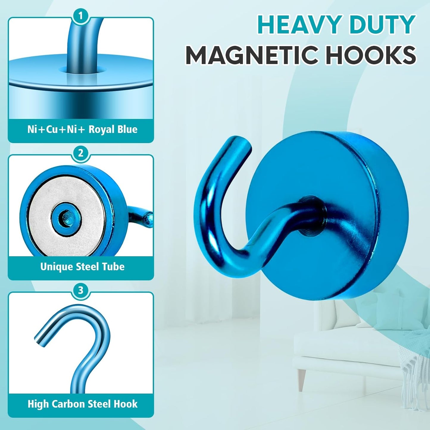 Neosmuk Magnetic Hooks, Cruise Ship Essentials, 40lb+ Heavy Duty Magnetic Hooks for Cruise Cabins, Refrigerator, Grill, Hanging, and Travel | Extra Strong Must-Haves Magnet Hook,RoyalBlue,Pack of 10