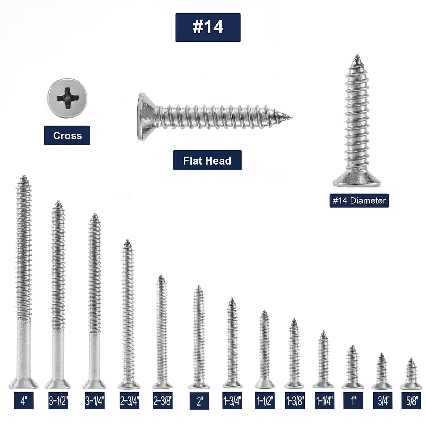 #14 x 5/8" Wood Screw 100Pcs 18-8 (304) Stainless Steel Screws Flat Head Phillips Fast Self Tapping Drywall Screws by SG TZH
