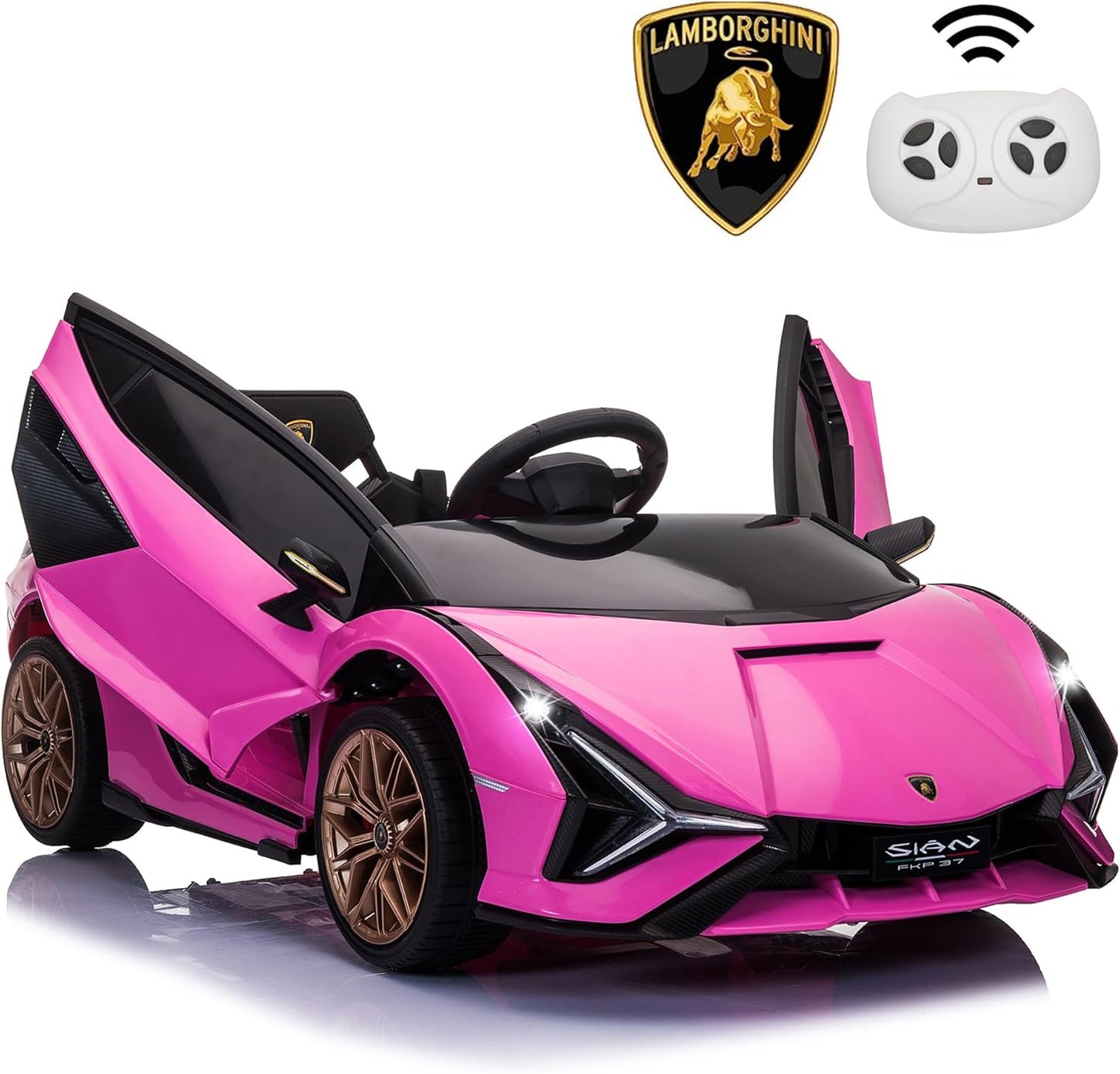 Licensed Lamborghini SIAN Kids Electric Ride On Car Toy by TOBBI, 12V Battery Powered Vehicle with Parent Remote Control for Toddlers 3-6 to Drive w/Functions/Seatbelt/Horn/LED Lights-Pink
