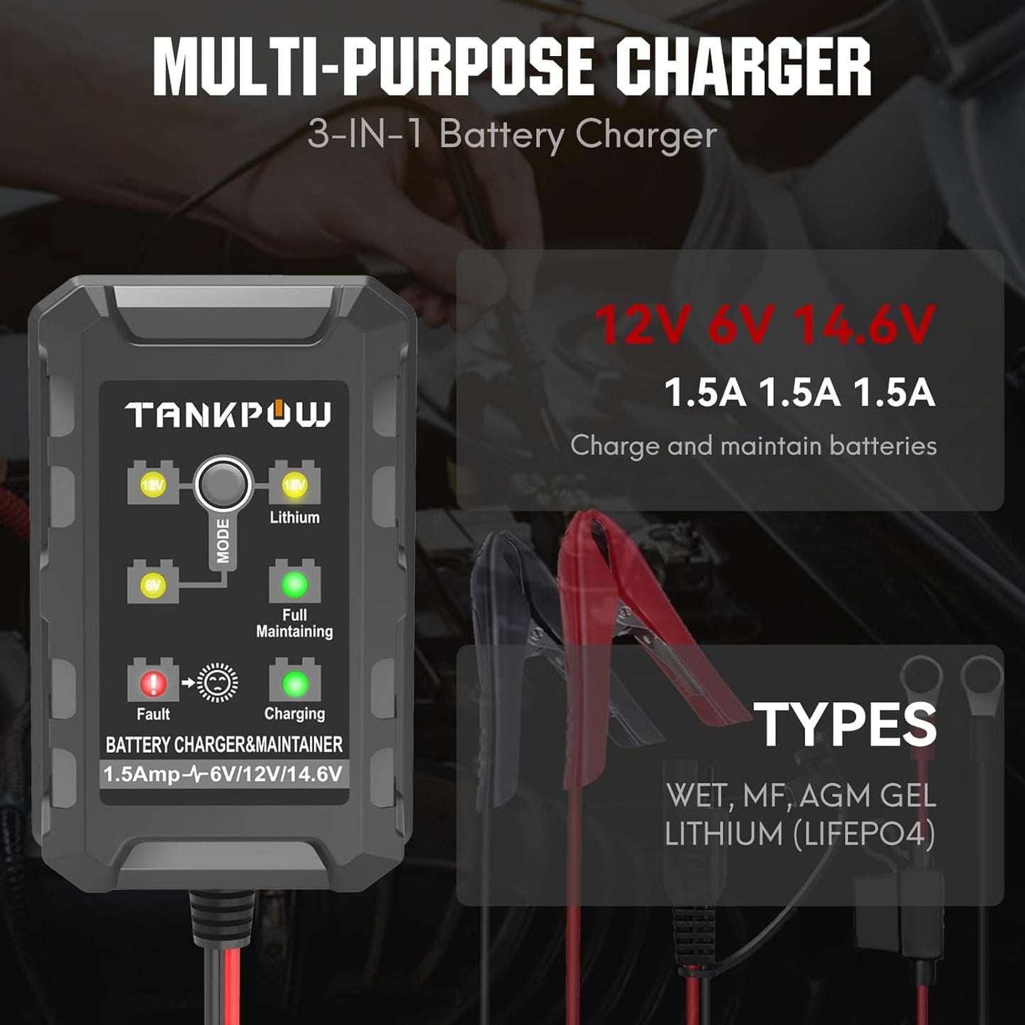 1.5-Amp Smart Car Battery Charger,6V and 12V Automotive Battery Charger Battery Maintainer,Trickle Charger,Float Charger for Cars,Motorcycle,ATV,AGM,Gel,Lithium and Deep Cycle Batteries