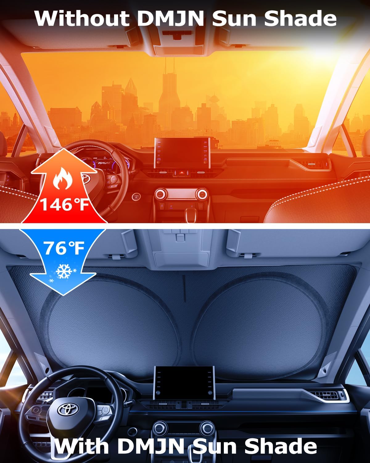 [2025 Upgrade] DMJN Windshield Sun Shade Car, [100% Sun Bolck & UV Reflective] Keep Car Cool & Interior Protection Sunshade, Flexible & Durable Sun Visor Universal Fit Small