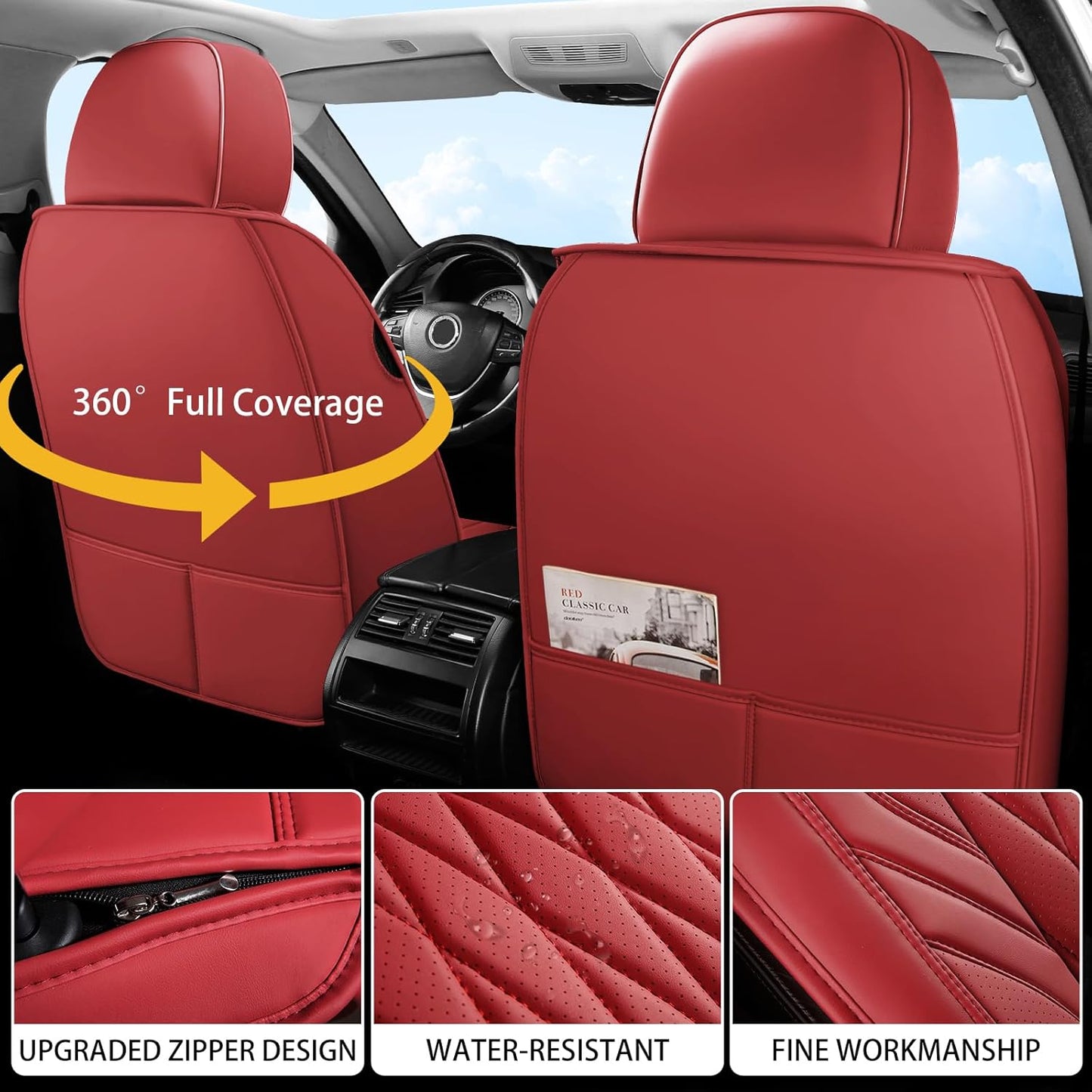 WELLDO Car Seat Covers Front Seats, Leather Seat Covers for Cars, Front Car Seat Protector Waterproof, Non-Slip Car Interior Covers Universal Automotive Seat Covers for Most Vehicle, Burgundy