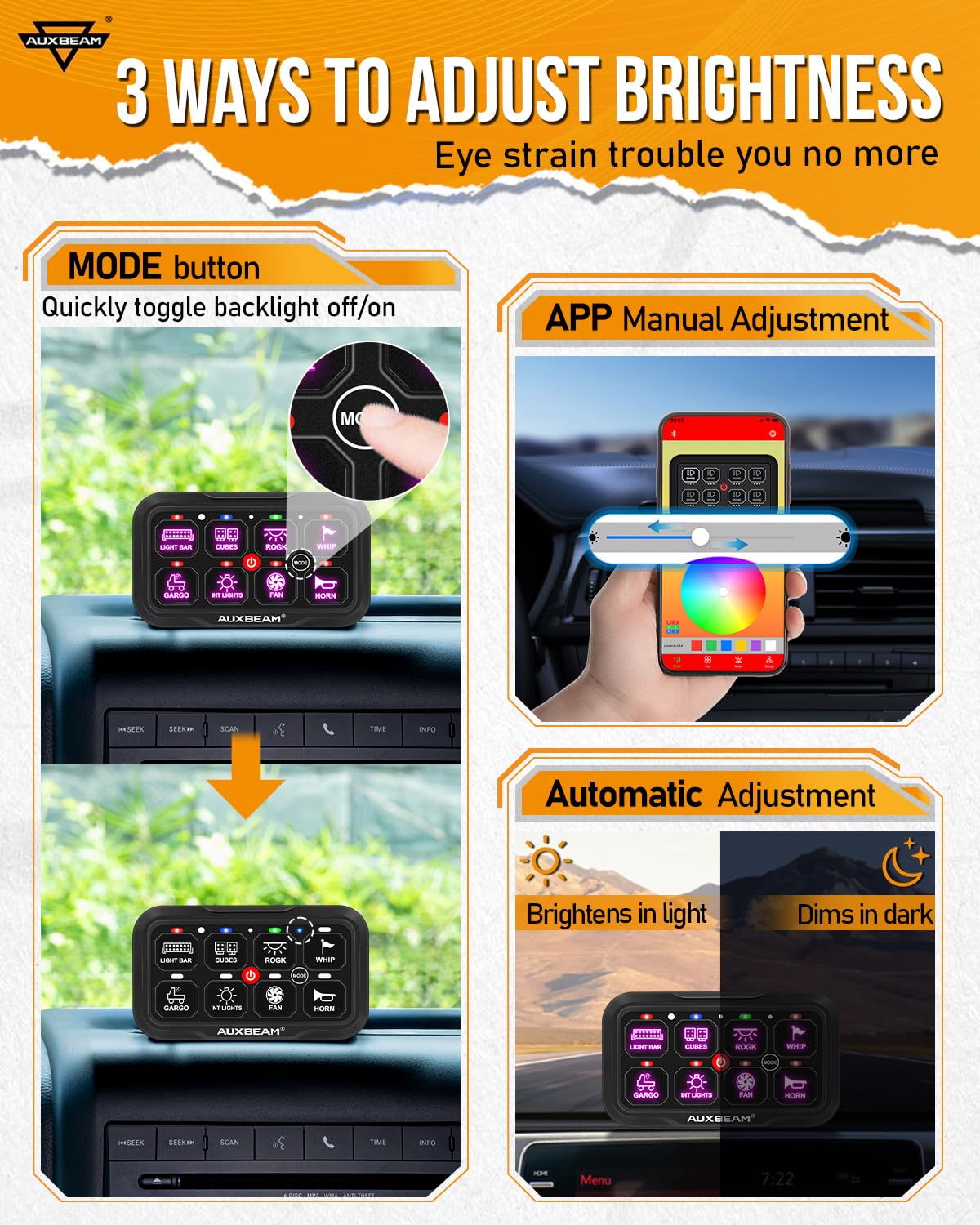 Auxbeam 8 Gang Switch Panel AC-800 Bluetooth RGB Switch Pod with Remote Control Backlit Off Toggle Momentary Pulsed 165FT Wireless Auxiliary Switch Panel for Truck Offroad Waterproof