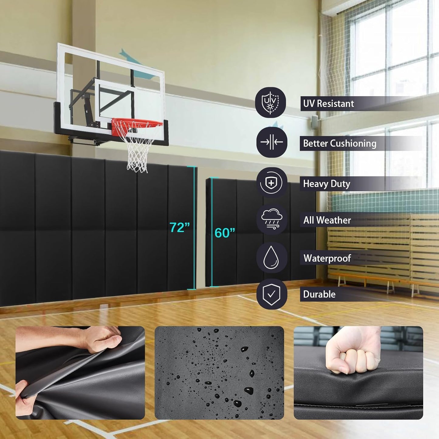 PROGOAL 60"/72" High Gym Wall Padding 2"/4" Thick Foam Basketball Court Wall Mount Protector for Garage Taekwondo Babyroom - Durable Waterproof Anti-Cushion