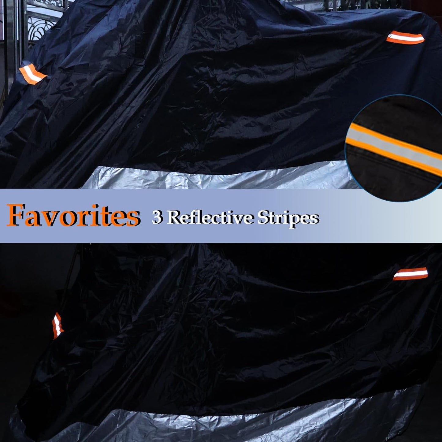 Motorcycle Cover, 210D Oxford Cloth, with Reflective Stripes, Waterproof Outdoor Protection, All-Weather Universal car Cover, with Lock Holes and Storage Bag. (Black Silver, 90.5")