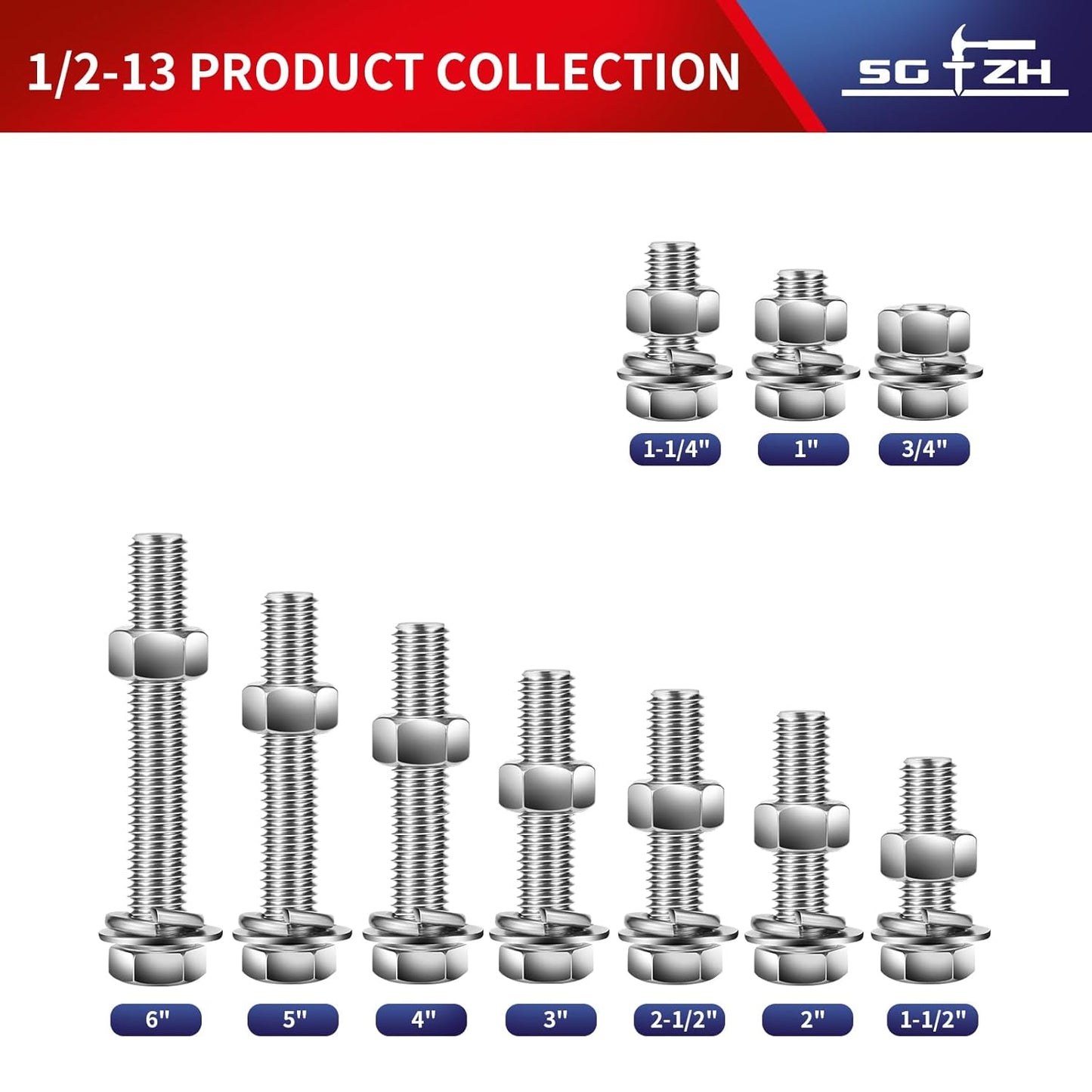 1/2-13 x 4" Hex Head Screw Bolt, Nuts, Flat & Lock Washers, 20Pcs 18-8 (304) Stainless Steel, Fully Threaded, by SG TZH