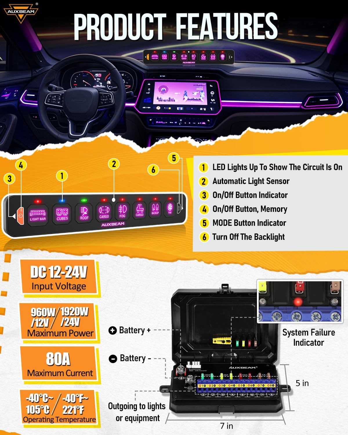 Auxbeam 8 Gang Slim Switch Panel RGB AS-R80 Toggle Momentary Pulsed Dimmable Backlight 80A Multifunction Switch Panel with Memory Function for 12-24V Truck Offroad Car Marine 2 Years Warranty