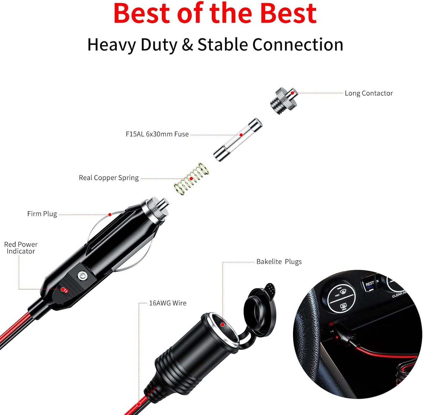 KEWIG 12/24V Car Cigarette Lighter Extension Cord - 20FT Cigarette Lighter Plug Cable- 16AWG Heavy Duty Extension Cable with 15A Fuse and LED Indicator