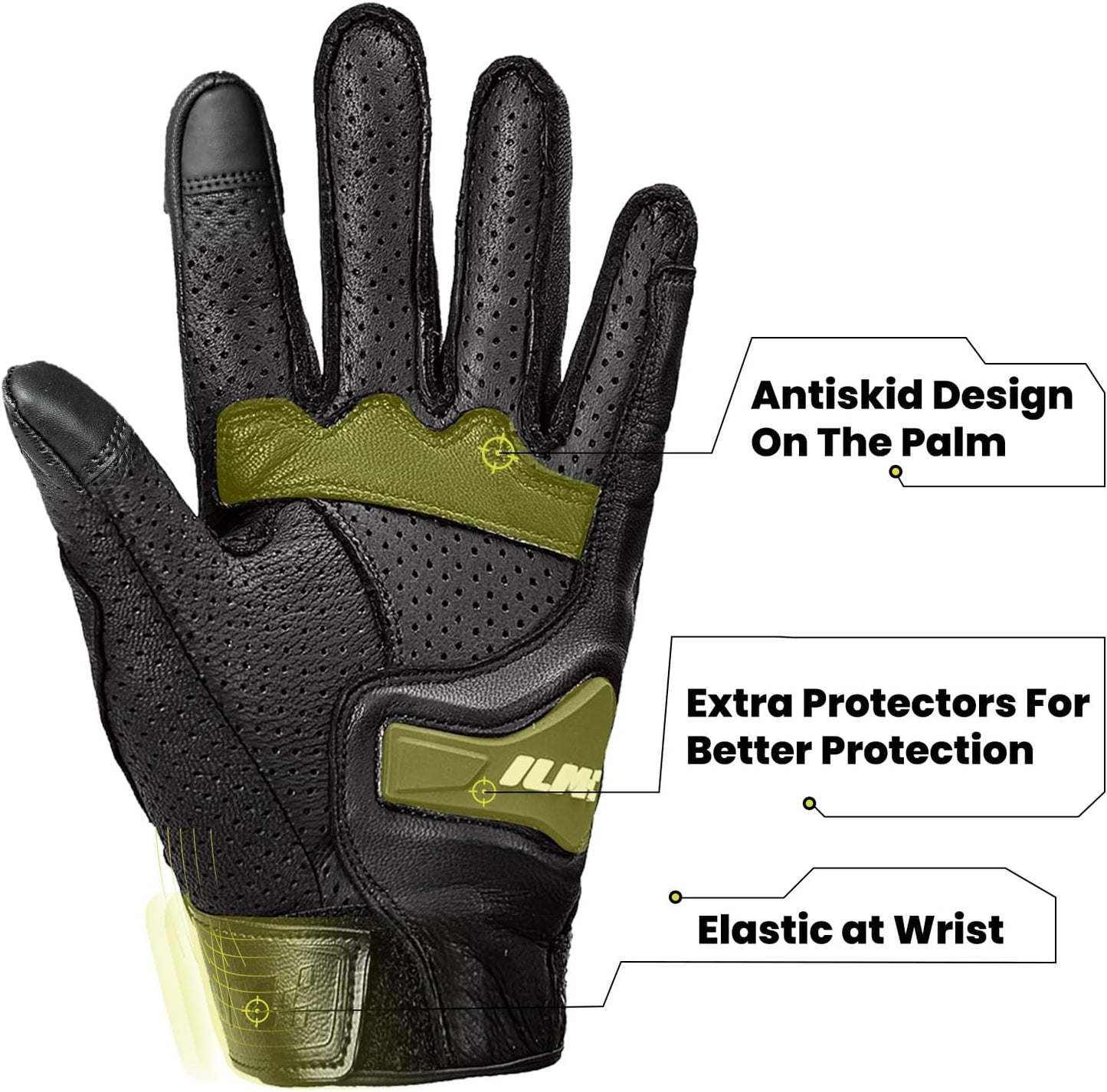 ILM Goatskin Leather Motorcycle Motorbike Powersports Racing Gloves Touchscreen for Men and Women Model DN01(XL, Black Unperforated)