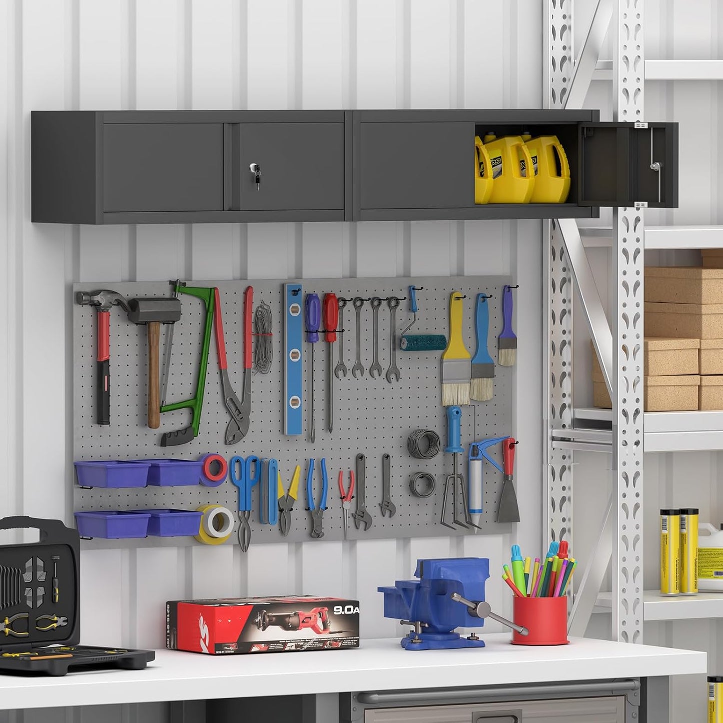 GREATMEET Metal Garage Storage Cabinets, Lockable Storage Cabinet with Doors, Wall Mount Cabinet Storage with Lock, Hanging Floating (Black, 13" H)