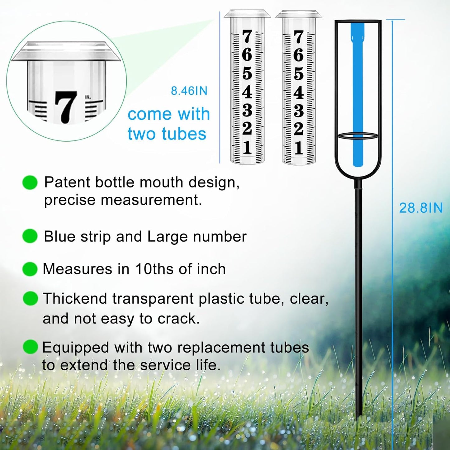 Rain Gauge Outdoor, Freeze Proof Rain Gauges Outdoors Best Rated, 7" Capacity Large Clear Font and Scale Rain Guage with Long Stake for Yard Garden, Rain Water Meter with Two Plastic Replacement Tube