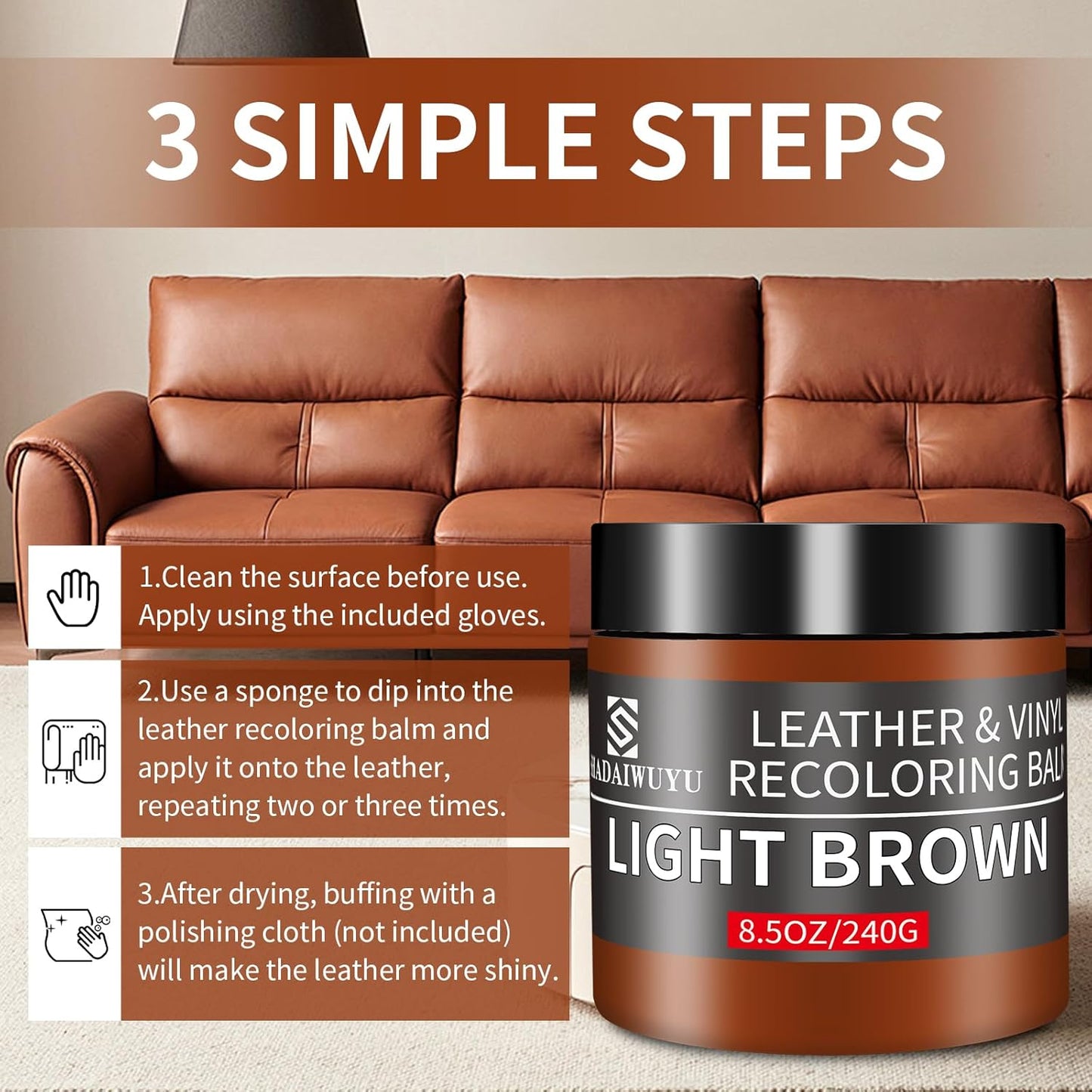 Leather Recoloring Balm,8.5oz Leather Color Restorer,Light Brown Leather Repair kit for Furniture and Car Interior,Leather Couch Scratch Repair,Leather Dye Paint for Faded,Cracked and Damaged Leather