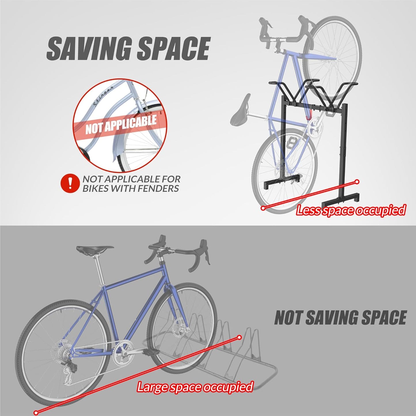 2 Bikes Floor Stand,Adjustable Bicycle Parking Rack with Hook for Garage/Indoor/Outdoor,Metal Cycle Storage Organizer Rack for Road Bikes