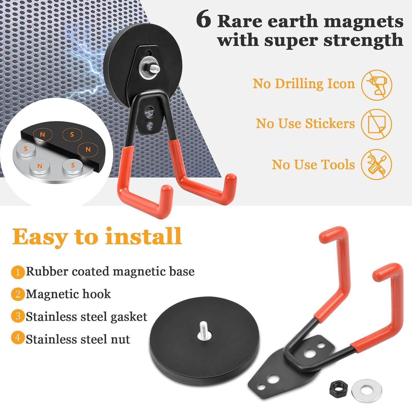 Strong Magnetic Hooks Heavy Duty, 2.59" Garage Magnet Hooks with Anti-Slip Coating for Hanging, Industrial Strength Utility Magnets Hooks, for Metal Cabinets, Cordless Drills, Cruise Cabin, Pack of 2