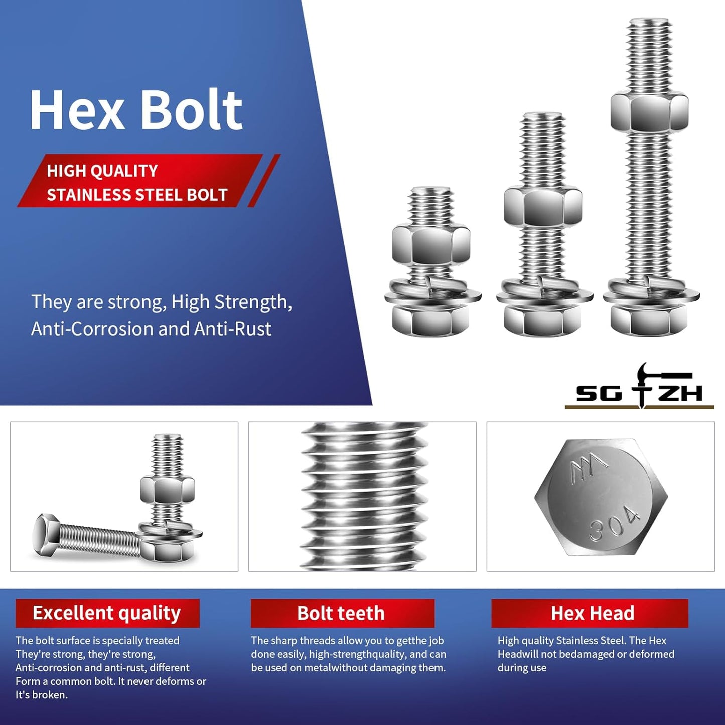 1/2-13 x 4" Hex Head Screw Bolt, Nuts, Flat & Lock Washers, 10Pcs 18-8 (304) Stainless Steel, Fully Threaded, by SG TZH