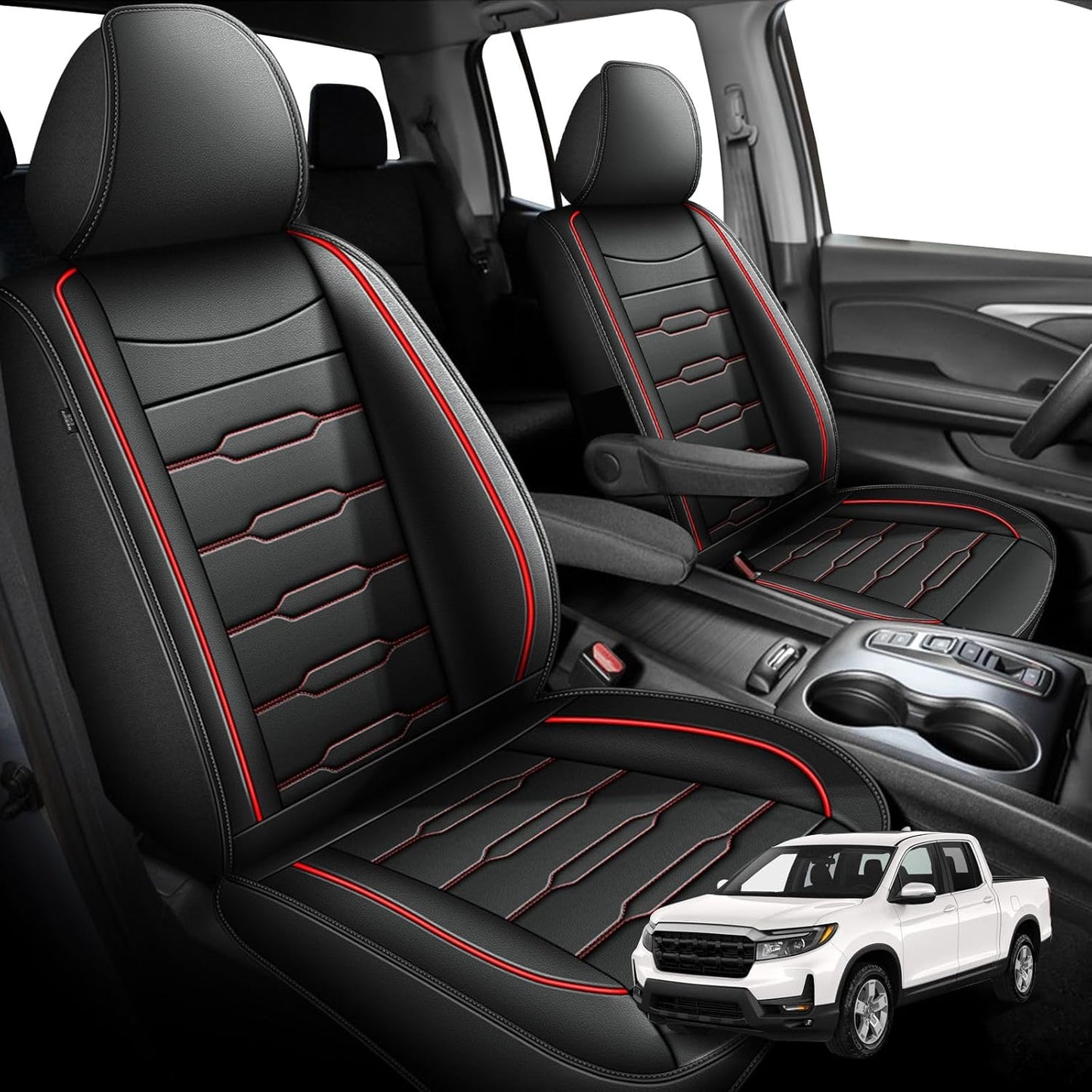 Seat Covers Fit for Honda Ridgeline 2006-2024 2025: Crew Cab 5 Seats Car Seat Covers Faux Leather Truck Pickup Seat Cushion Protector - Front Seats with Armrests(Full Set, Redline)