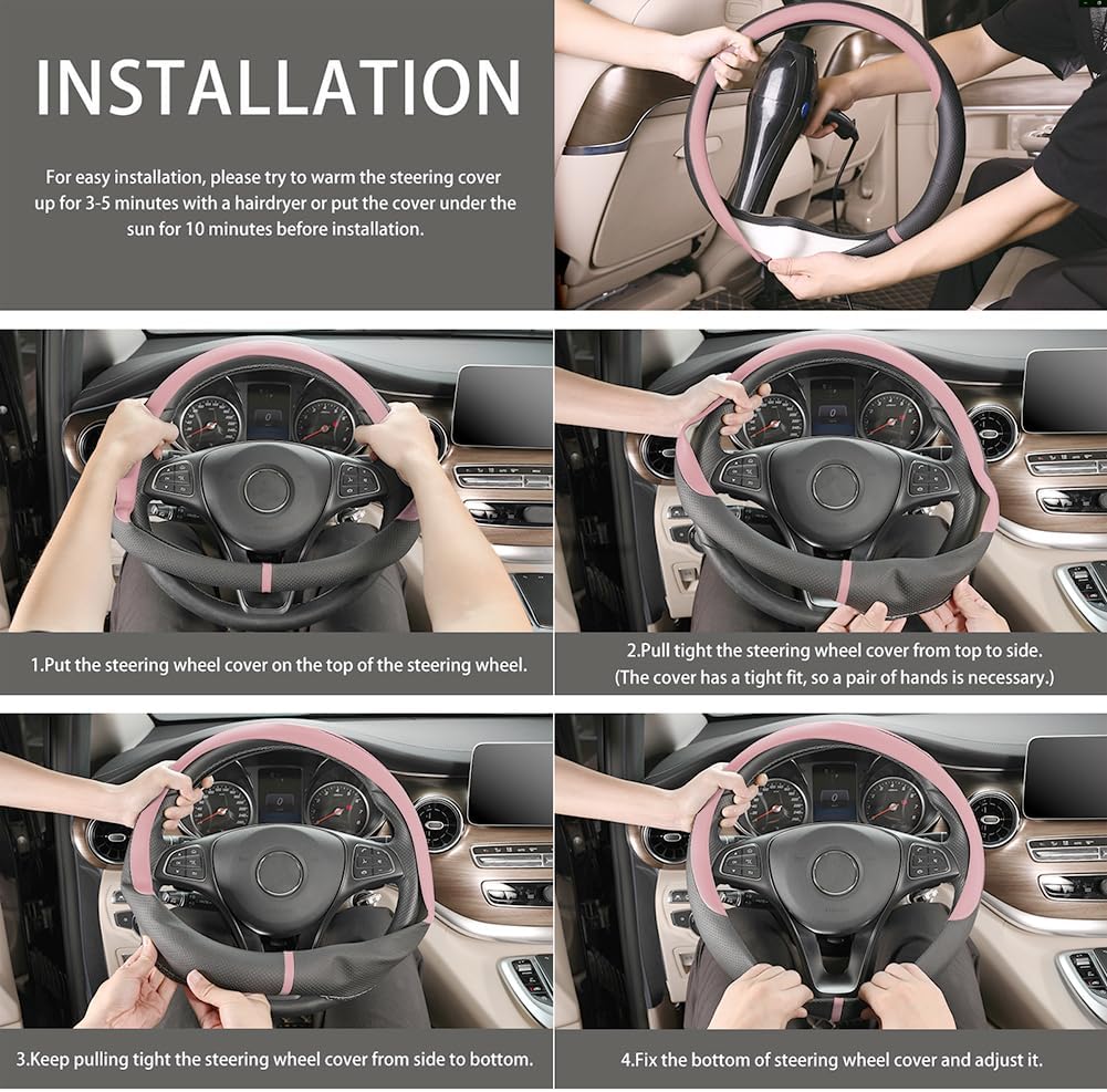COFIT Breathable Car Steering Wheel Cover 15 inch Auto Universal Leather Wrap Non-Slip Steeringwheel Protector Automotive Interior Accessories, Pink (Suit for 14.5-15 inch)