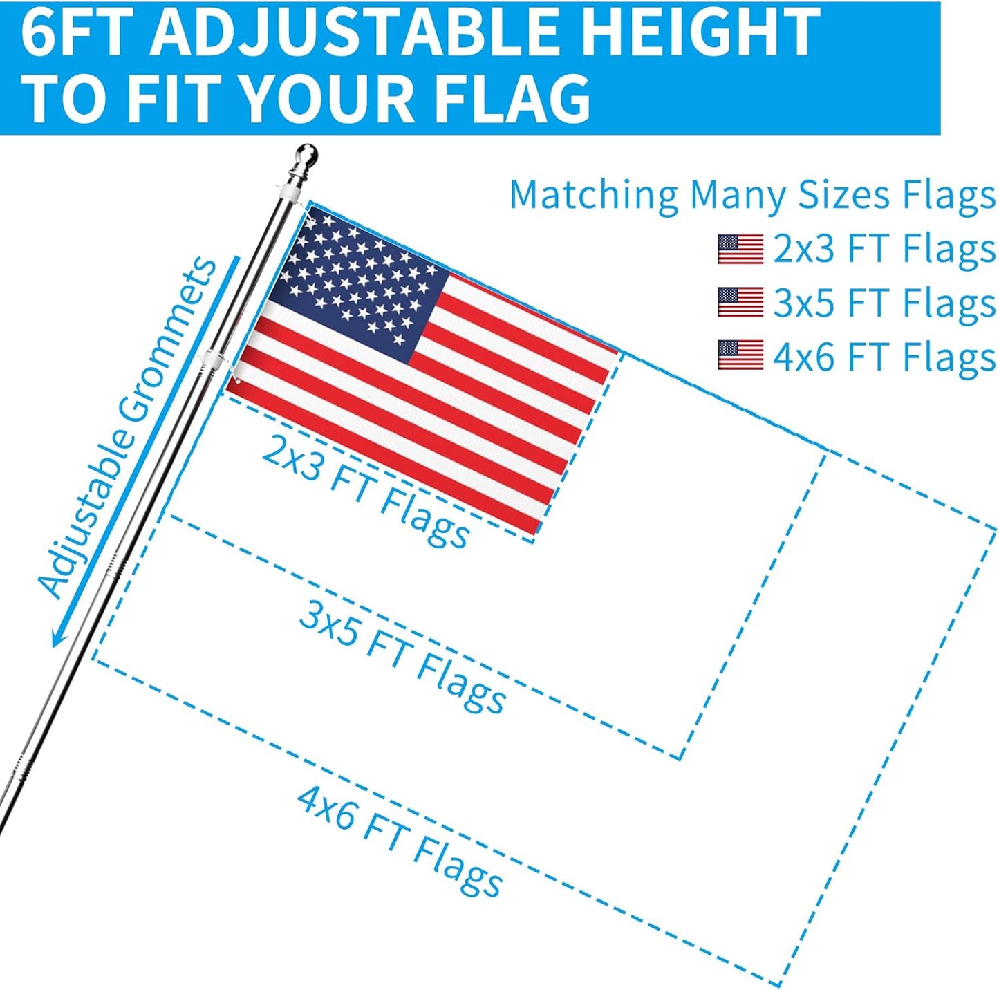 ZMTECH Flag Pole - Upgraded Bracket, (2 Packs) 6 FT Stainless Steel Flag Poles for Outside House, Residential or Commerical, Tangle Free Flag Pole Kit for American Flag (Without Flag, Silver)