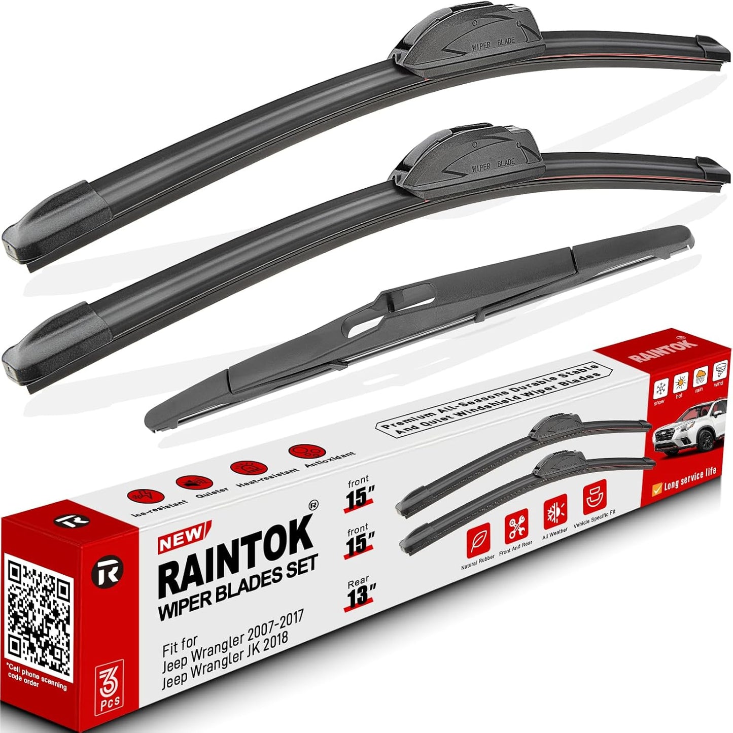 Windshield Wiper Blades Replacement for 2007-2017 Jeep Wrangler 2008-2018 Wrangler JK Original Factory Quality Front Rear Wipers Blade Set for My Car - 15" 15" 13" (Pack of 3)