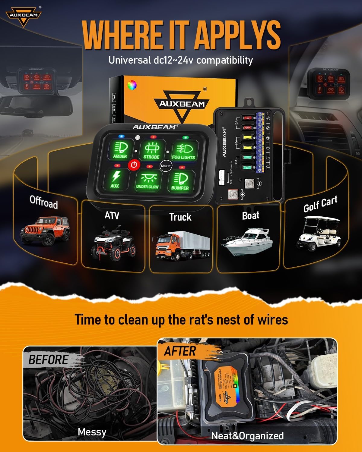 Auxbeam RGB 6 Gang Switch Panel RA60 Auto-Dimmable Switch Panel w/Momentary Toggle Pulsed Memory Function, 12-24V Switch Panel for Truck UTV Car Boat Waterproof, 2-Year Warranty