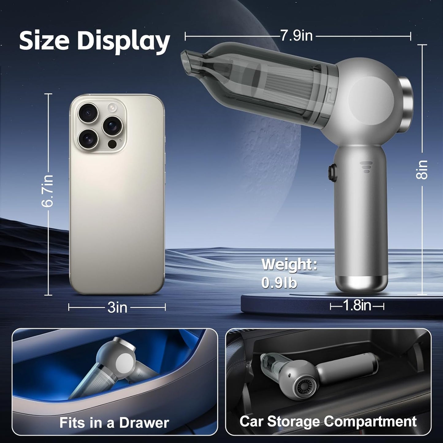 6 in 1 Car Vacuum Portable Cordless, 20000PA Mini Vacuum Cleaner High Power Brushless Motor, Handheld Vacuum Cordless Compressed Air Duster for Car, Home, Office