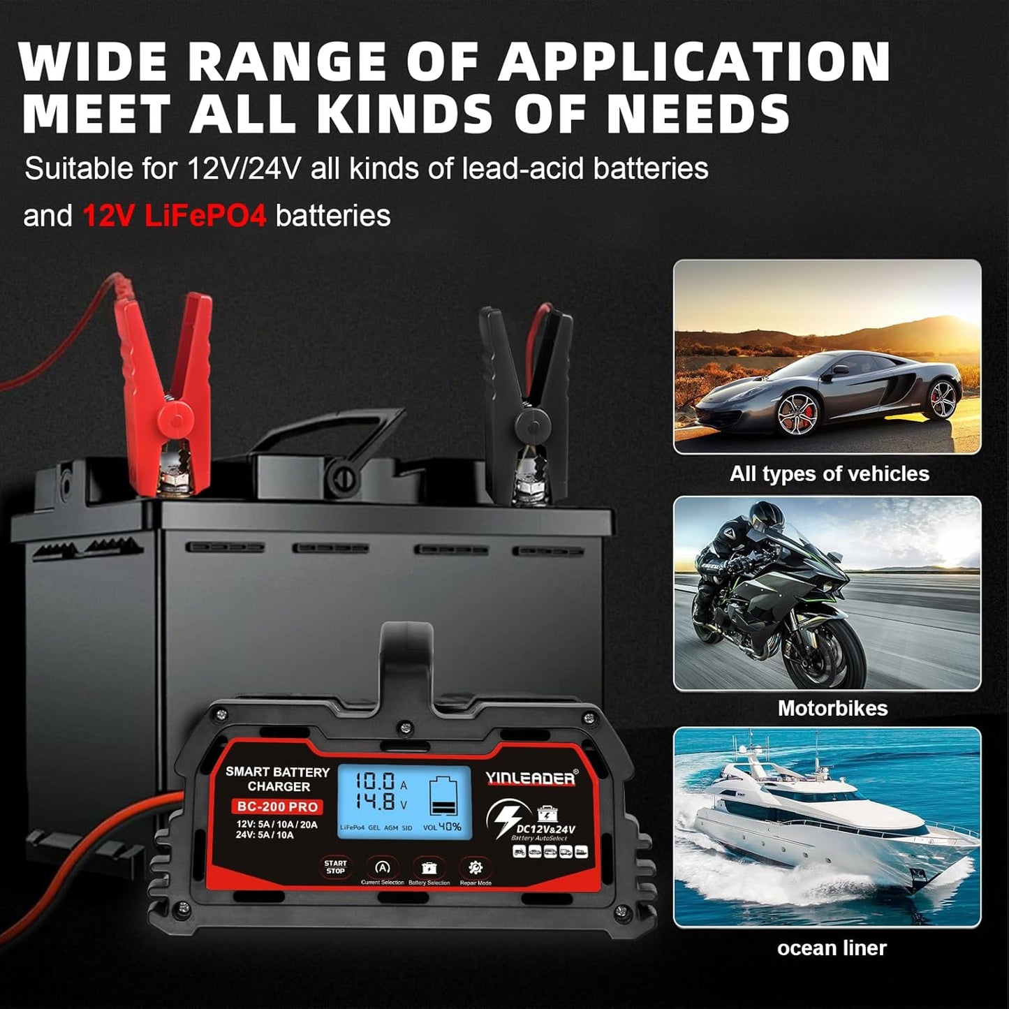 Battery Charger 20A, 12V/24V Lead Acid Smart Battery Charger, 12V LiFePO4 Car Battery Trickle Charger, Automatic Battery Maintainer for Car Motorcycle Lawn Mower Marine Boat Lead Acid Batteries