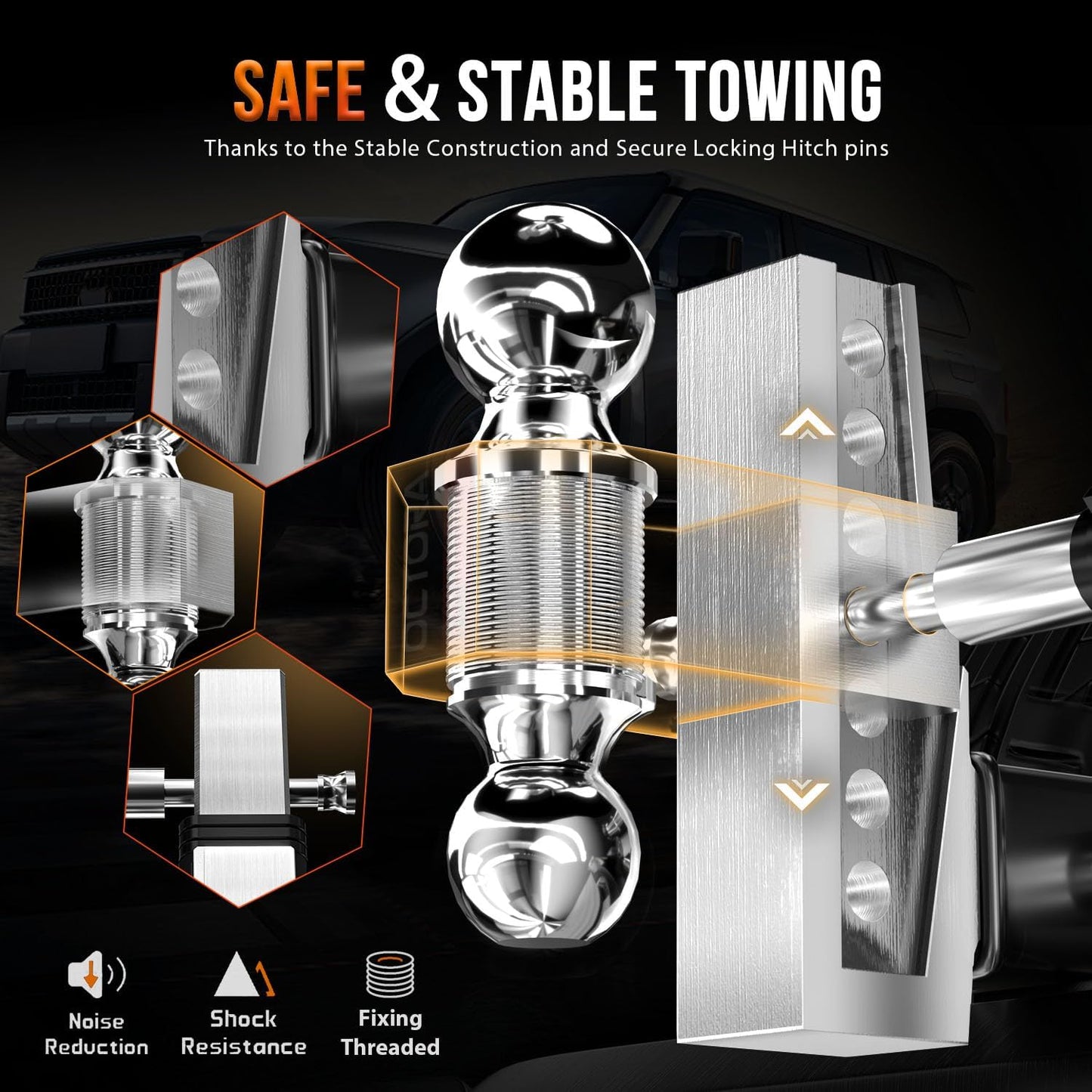 Adjustable Trailer Hitch (Fits 2-Inch Receiver) - Aluminum Tow Hitch with 6-Inch Drop/Rise for Truck (12,500 LBS GTW) - Double Anti-Theft Locking Hitch Pins (Silver, 2inch-6Drop)