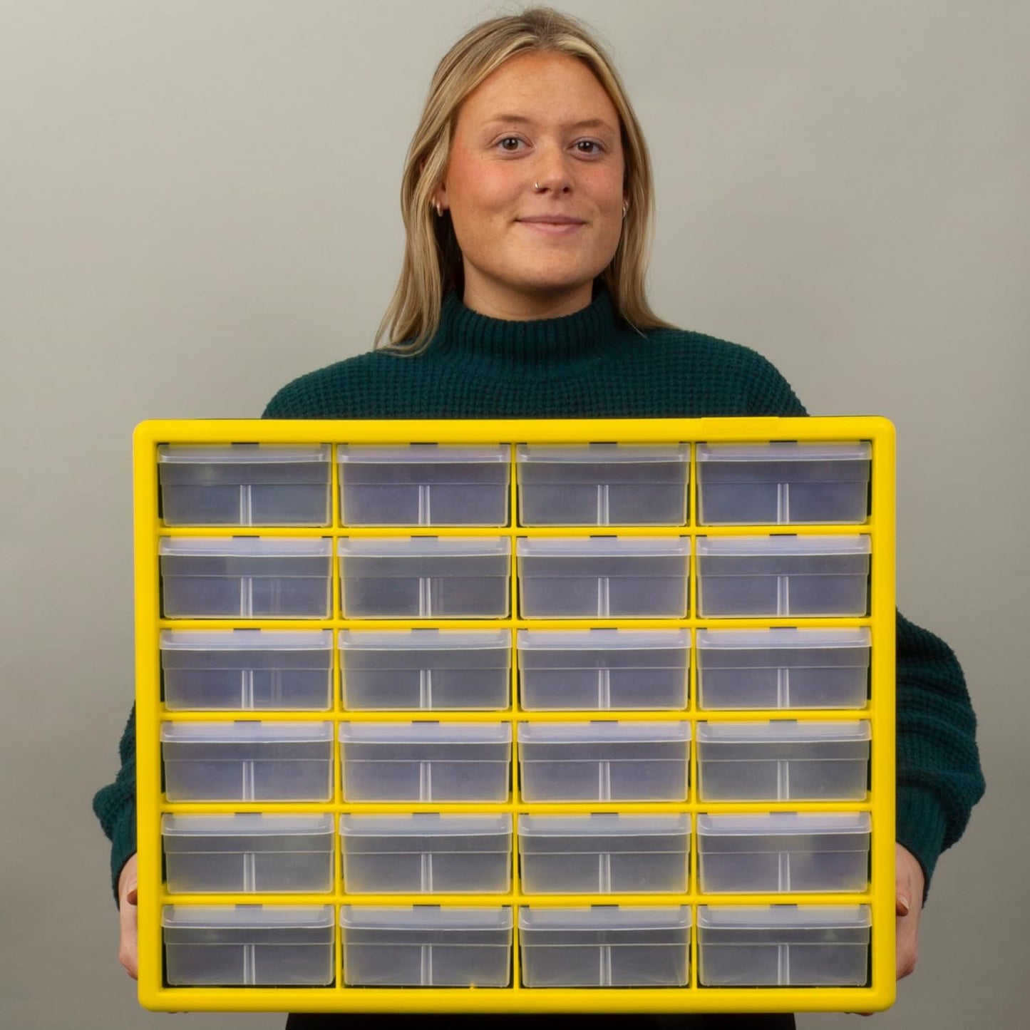 Akro-Mils 24-Drawer Plastic Drawer Storage Cabinet for Garage Organization, Bead Organizer, Building Bricks Storage, Teacher Toolbox, Makeup Organizer, 20-Inch W x 6-Inch D x 16-Inch H, 10124 Yellow