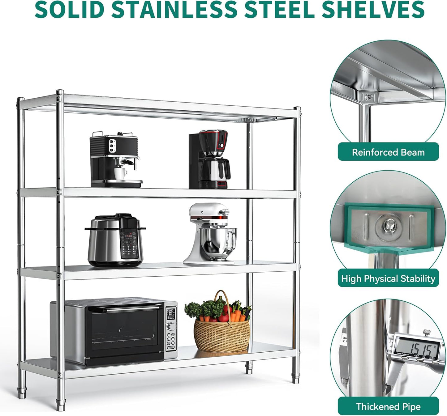 YITAHOME NSF Stainless Steel Shelves, 60"*18"*60" 4 Tier Storage Shelf, Heavy Duty Shelving for Kitchen Garage Office Restaurant Warehouse, 201 Bright Silver